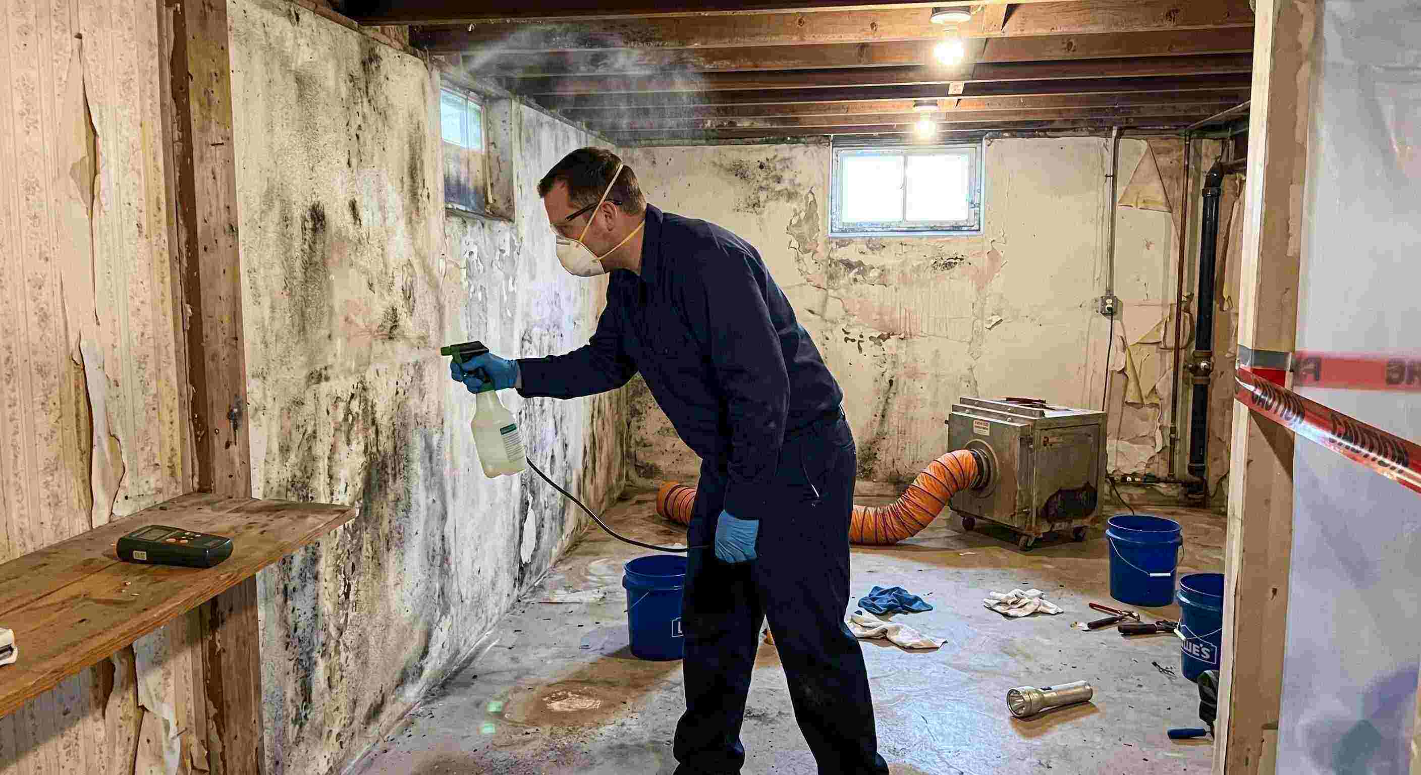 Professional technician performing antimicrobial mold treatment in a damp basement during mold remediation in a home in Boynton Beach.