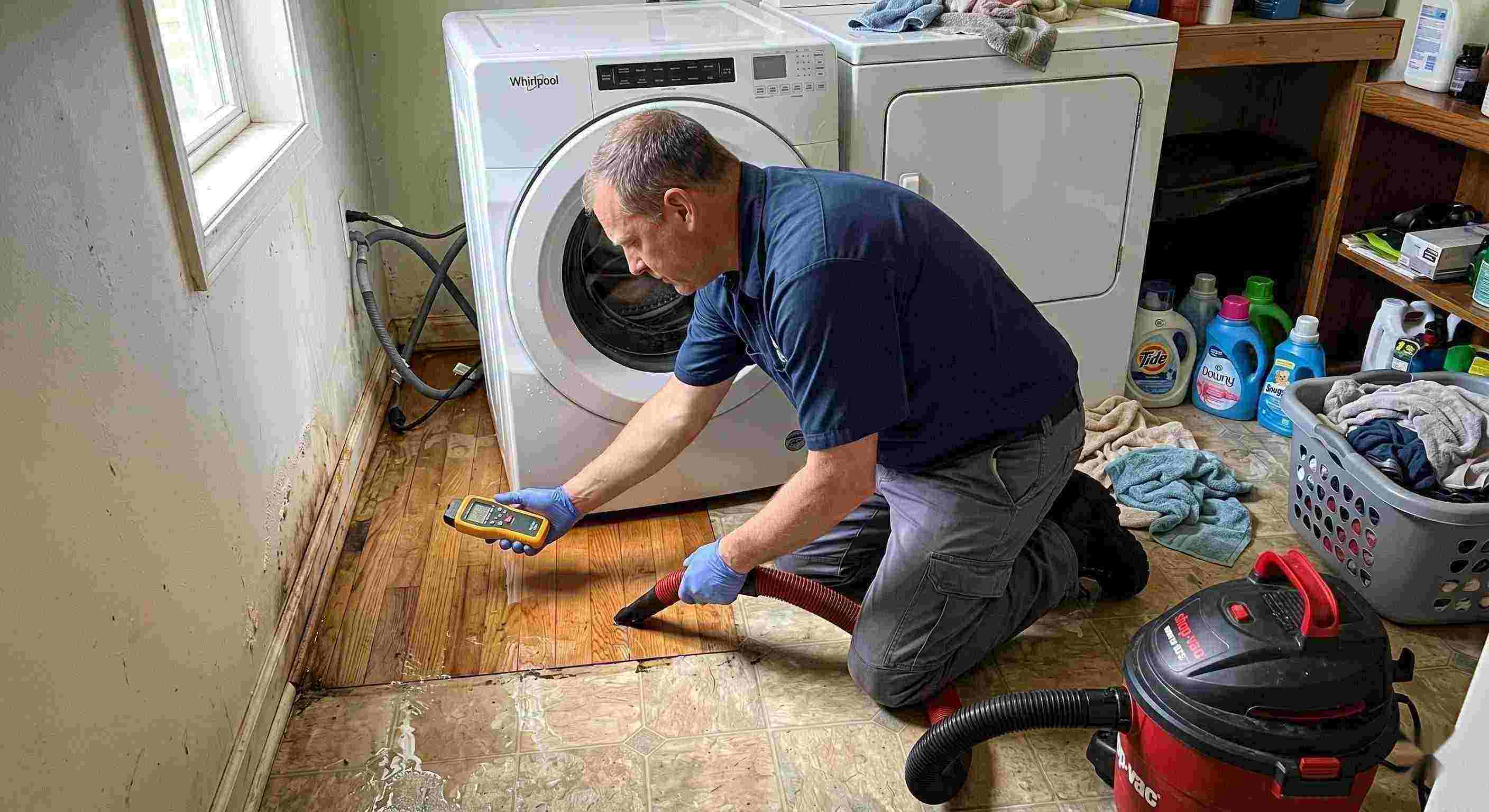 Appliance leak cleanup in a home laundry area with water pooling around the washing machine, showing technicians removing water and inspecting damp floors in Fort Lauderdale.