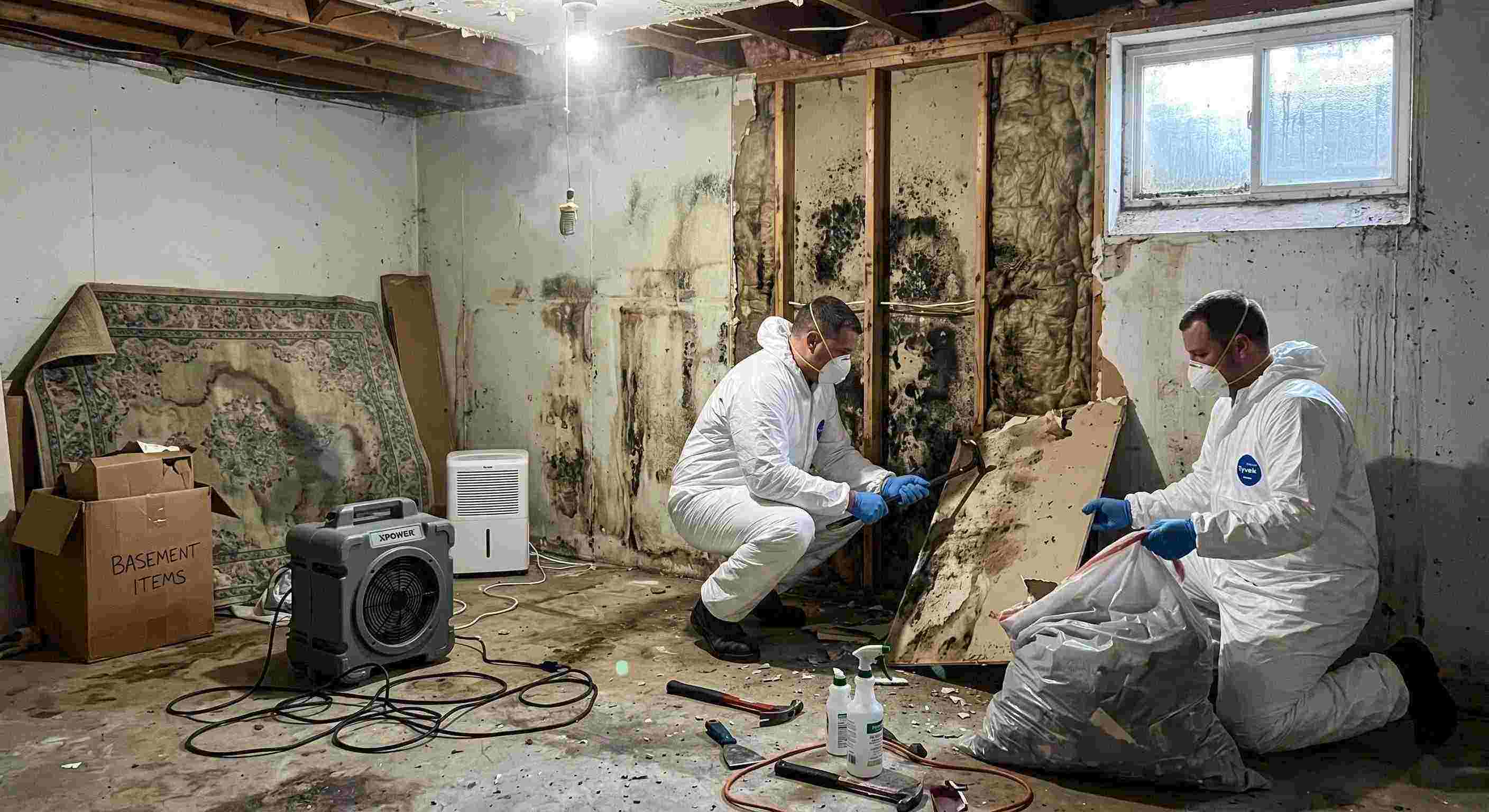 Trusted realistic basement mold removal in a home in Boynton Beach, showing technicians safely removing black mold and using dehumidifiers and HEPA air scrubbers.