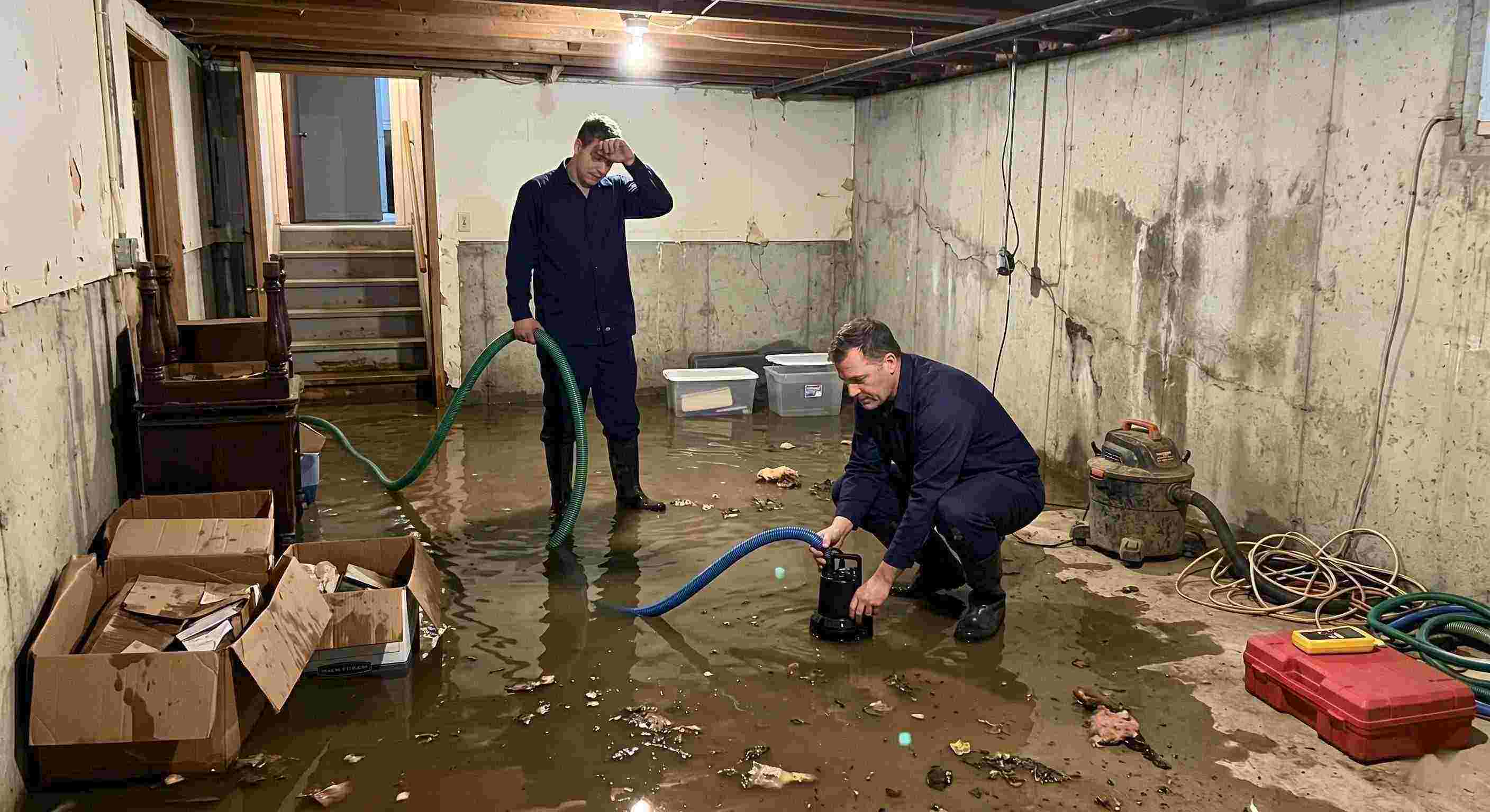 Reliable basement water removal service in Boca Raton with technicians pumping out flooded basement