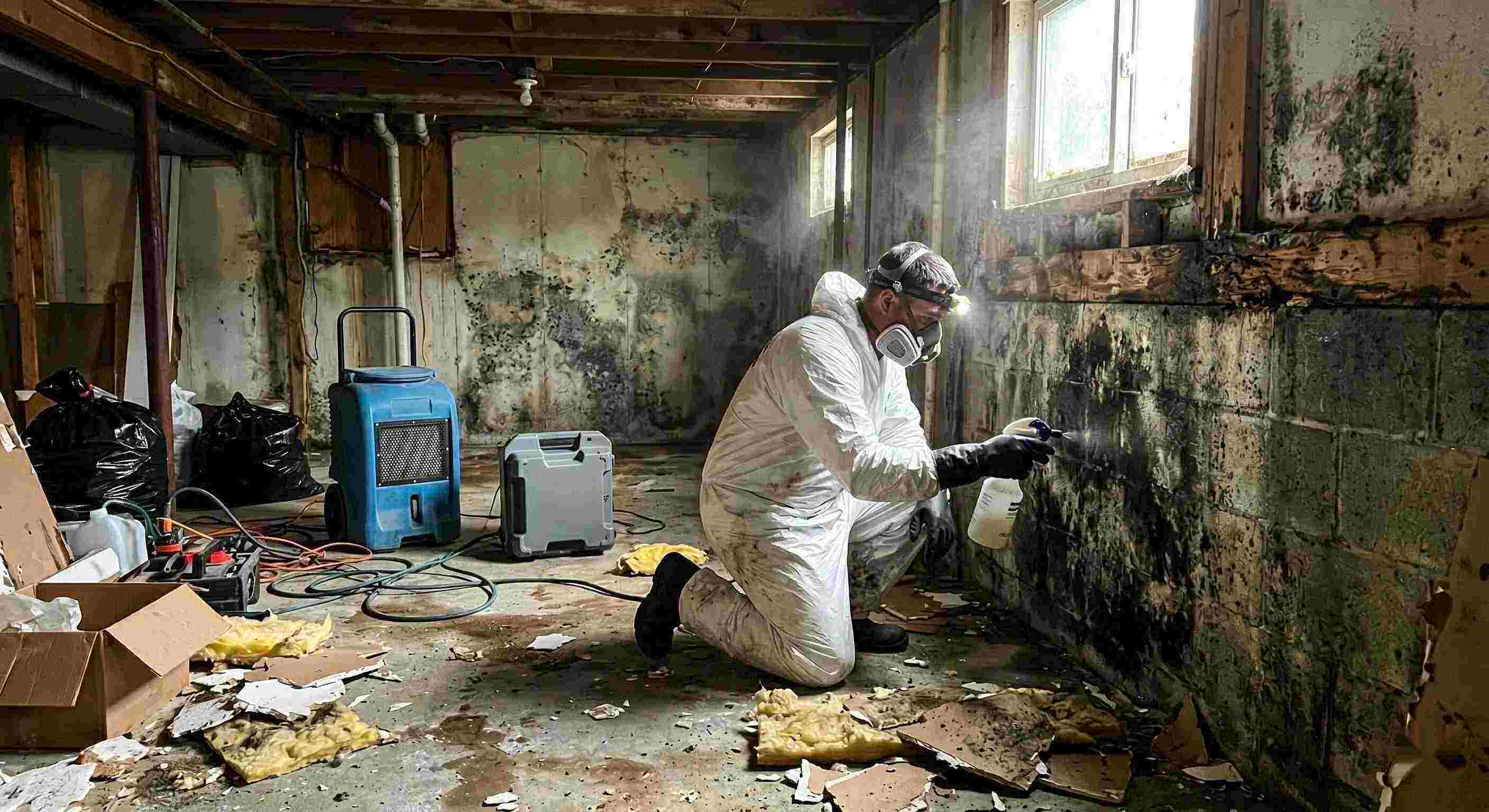 Fast technician performing black mold cleanup in a damp residential basement in Boynton Beach, showing removed drywall, mold patches, and remediation equipment.