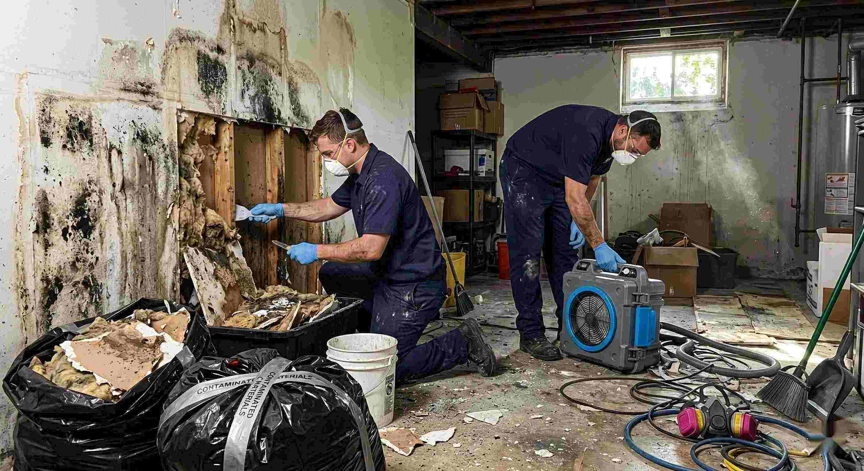Professional technicians performing black mold cleanup in a damp residential basement in Boynton Beach, carefully removing contaminated drywall and insulation.