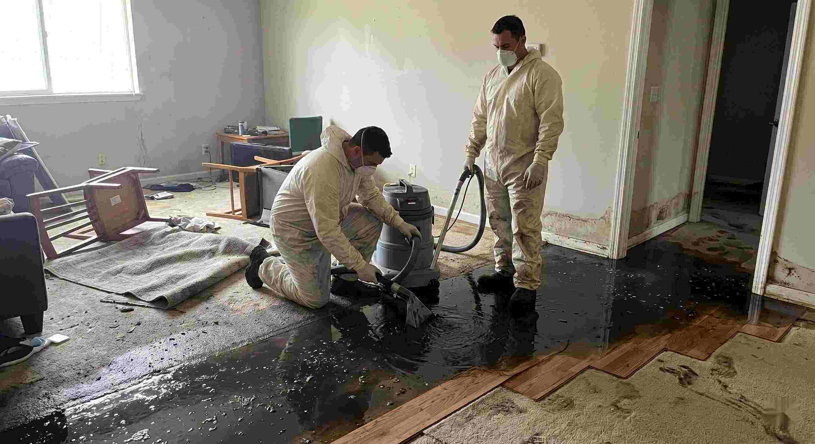 Expert black water removal service in Boca Raton showing technicians extracting contaminated sewage water from flooded home interior