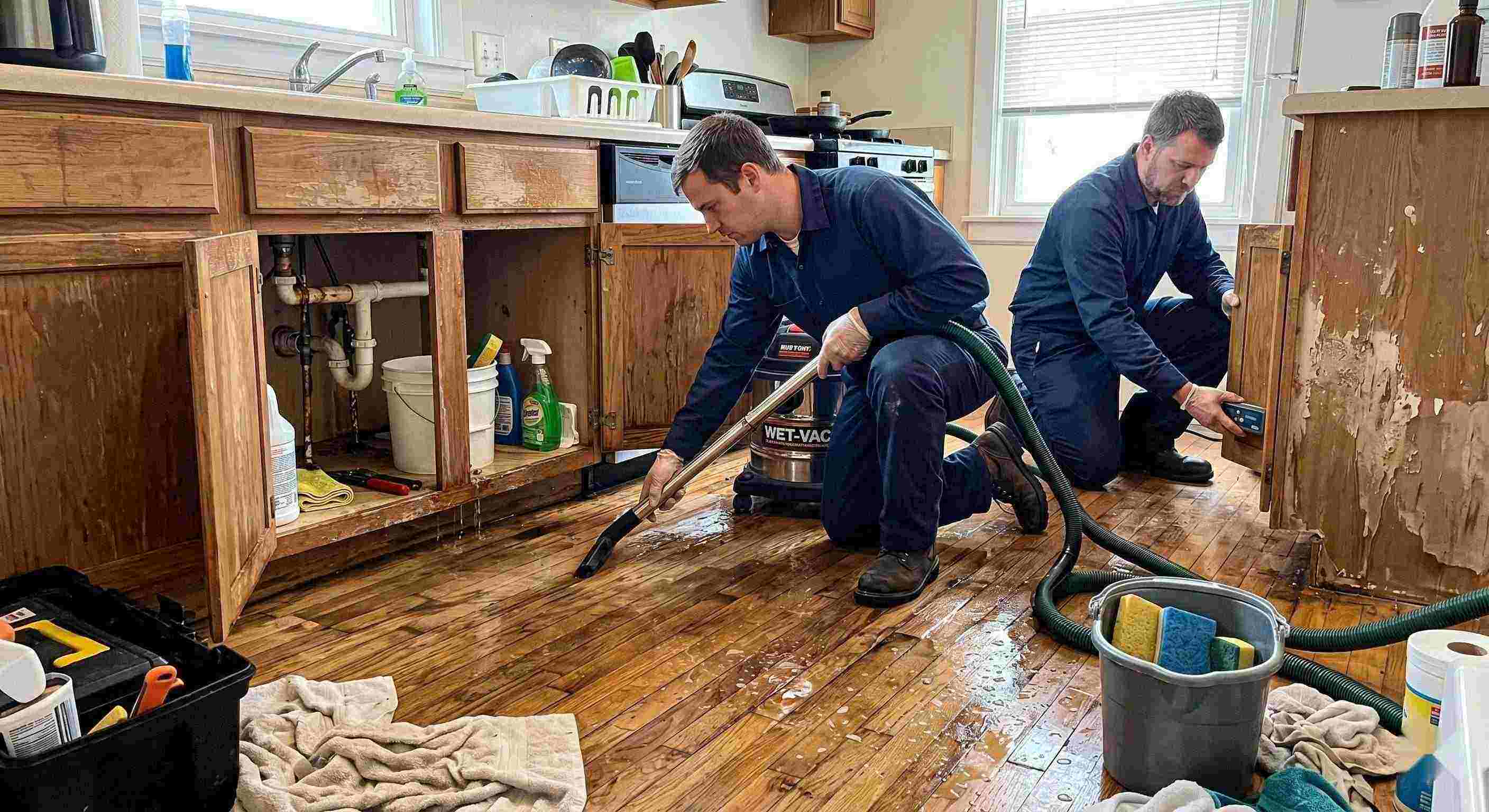 Realistic photo of technicians performing burst pipe water damage cleanup in a home in Fort Lauderdale, removing standing water and inspecting wet floors and walls.