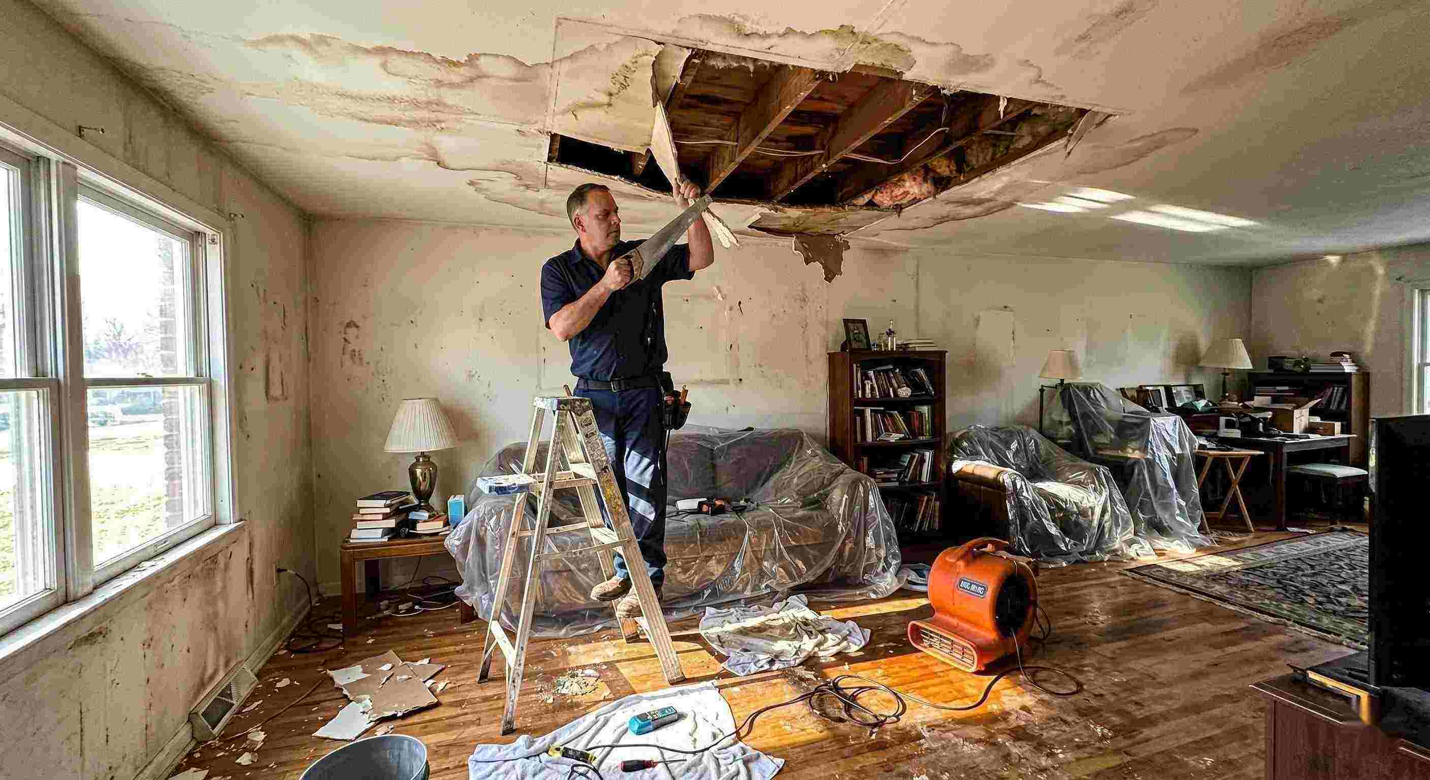 Realistic indoor scene of technicians performing ceiling leak repair in a home in Fort Lauderdale, showing water-damaged ceiling, tools, and drying equipment.
