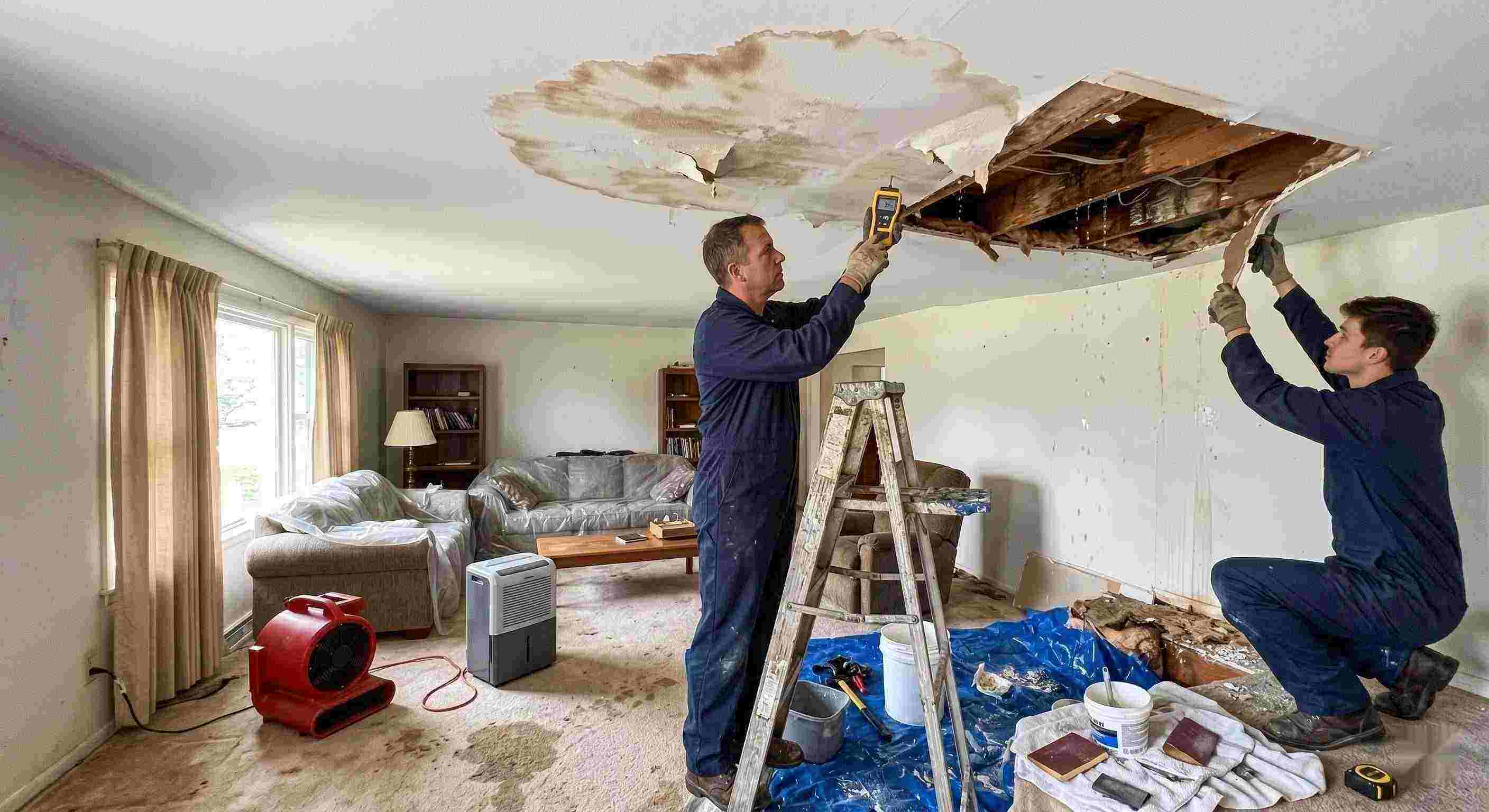 Realistic residential ceiling leak repair scene with technicians using moisture meters and air movers to fix water damage in a home in Fort Lauderdale.