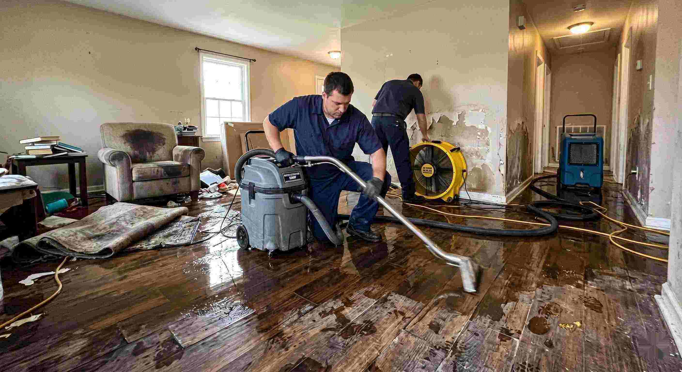 Local emergency water damage restoration technicians removing water from flooded home in Pembroke Pines