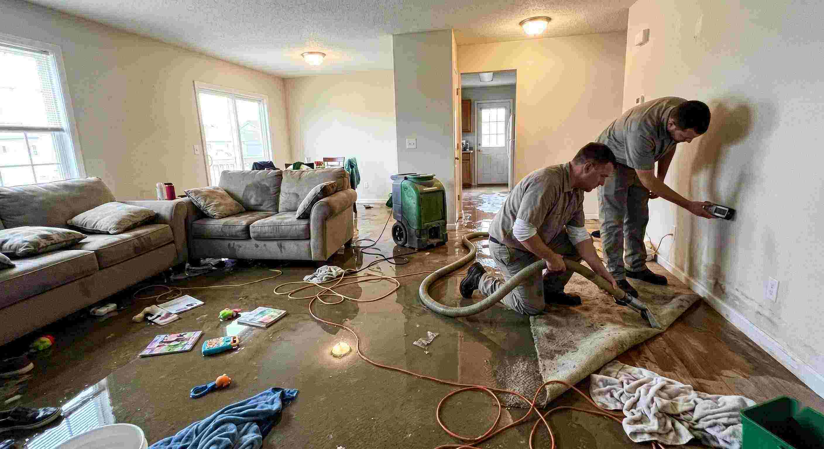 Professional emergency water removal technicians extracting water from flooded living room in Boca Raton