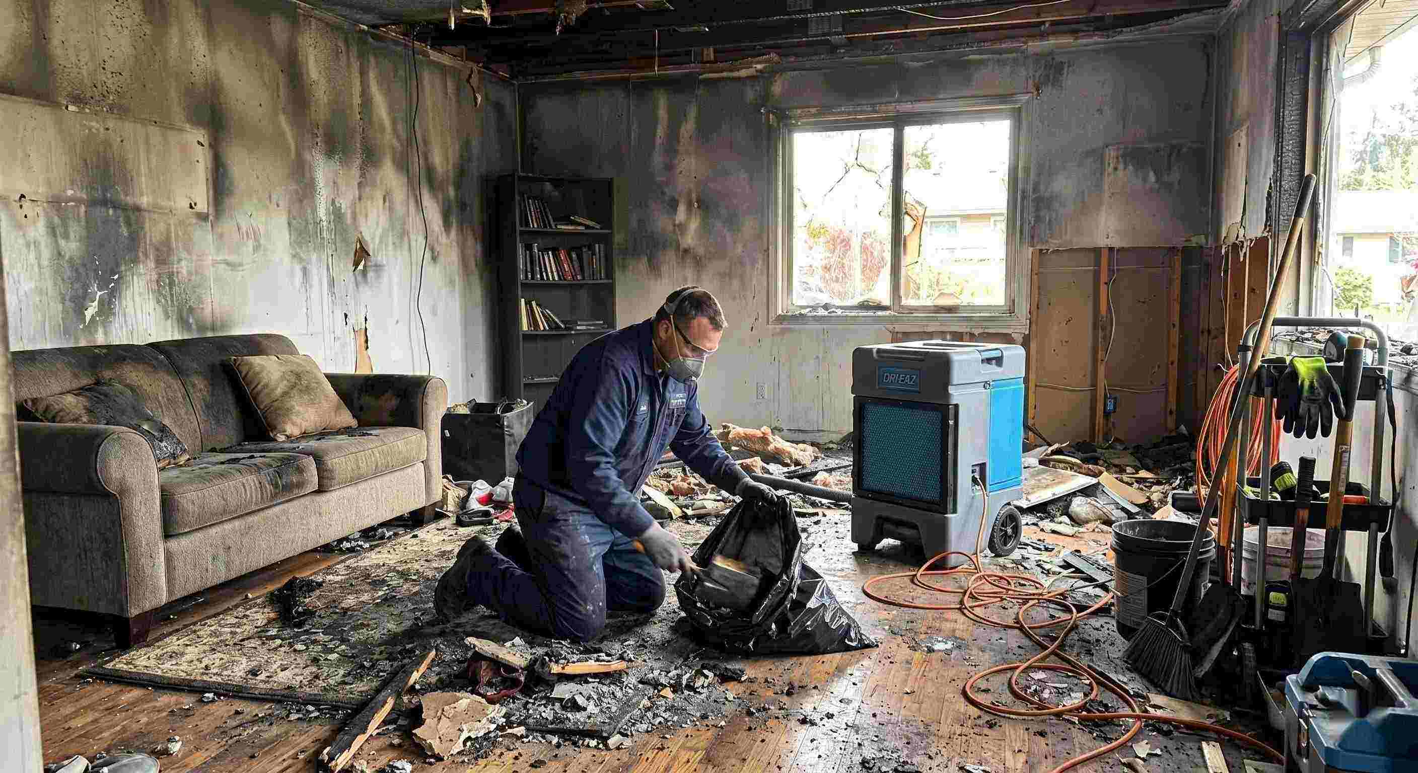 Professional fire damage cleanup scene with technician removing debris from a home affected by fire in Pompano Beach