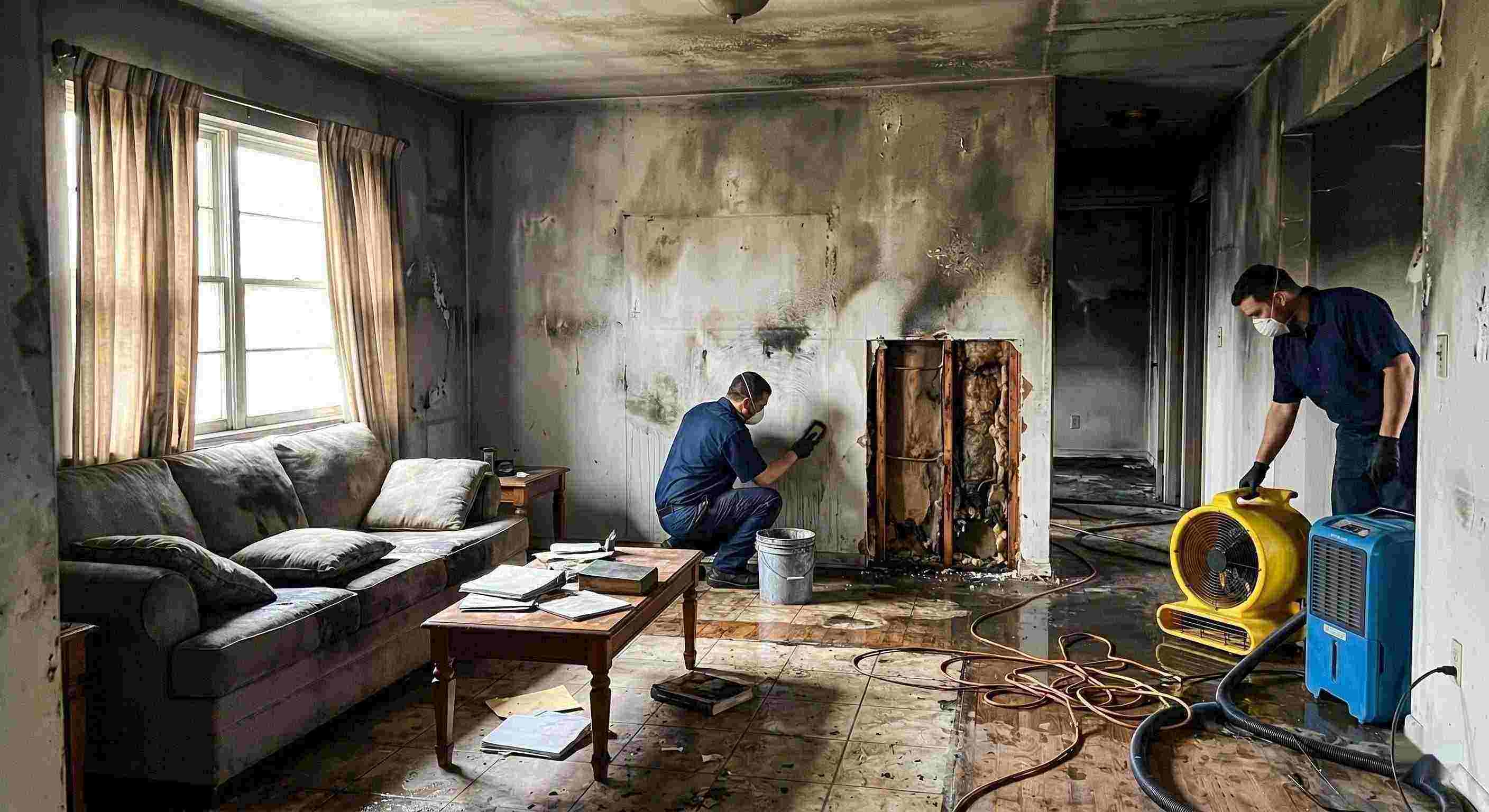 Fast fire damage restoration cleanup with technicians removing soot and drying water damage in home Pembroke Pines