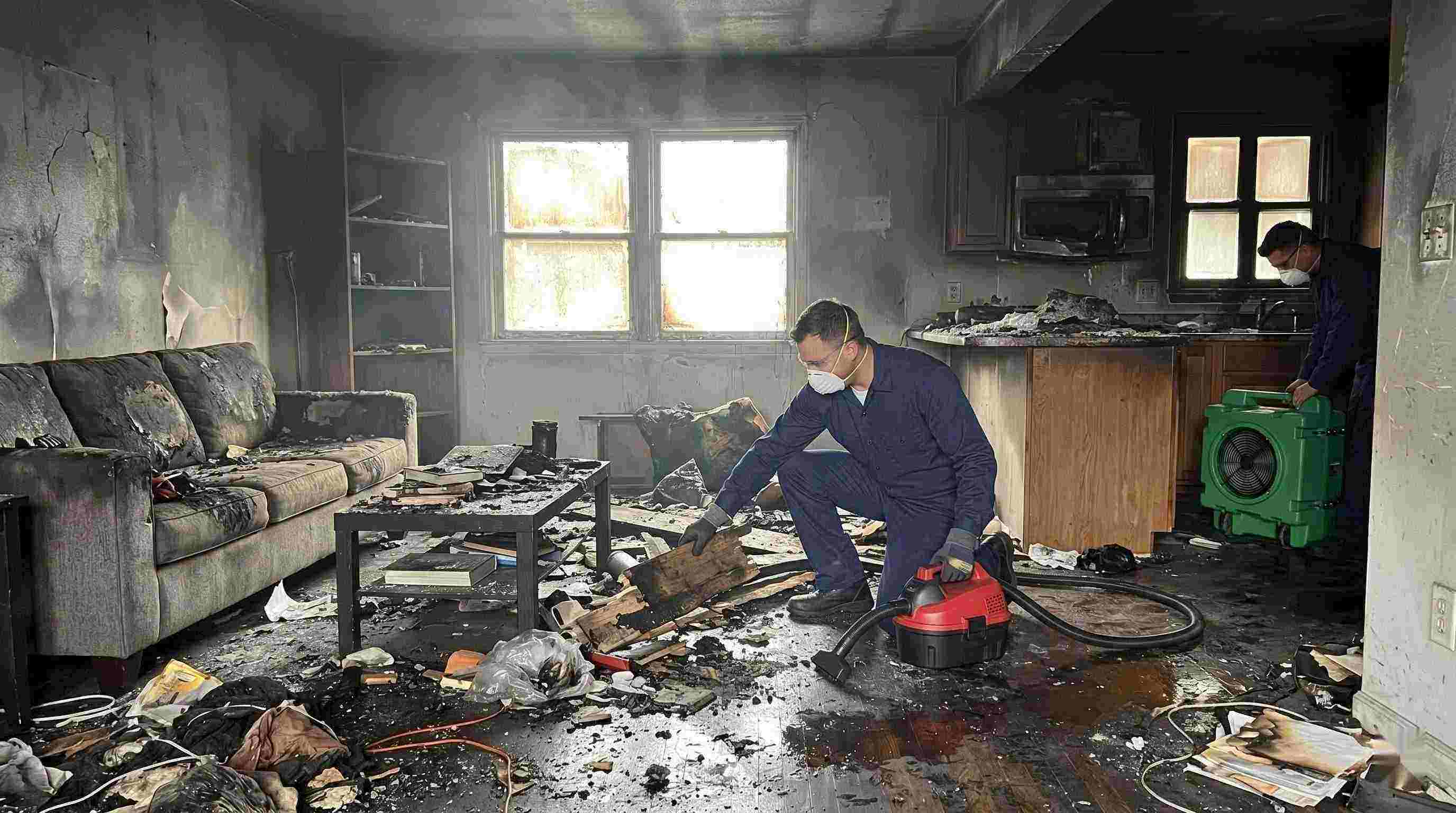 Local realistic image showing extensive fire damage in a home with soot, debris, and smoke residue, captured during fire damage restoration in Pompano Beach.