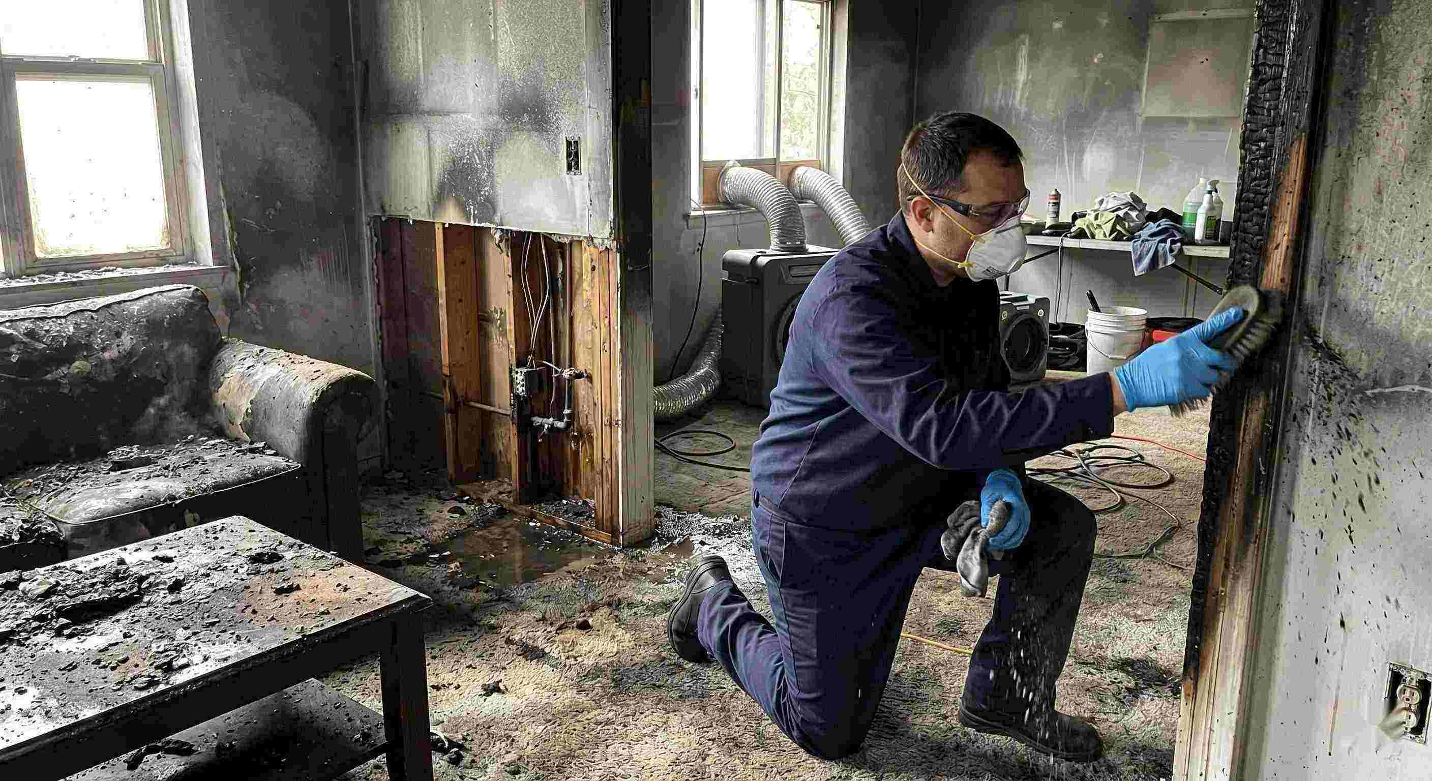 Best action shot of a fire damage restoration technician cleaning soot and debris in a home damaged by fire in Pompano Beach