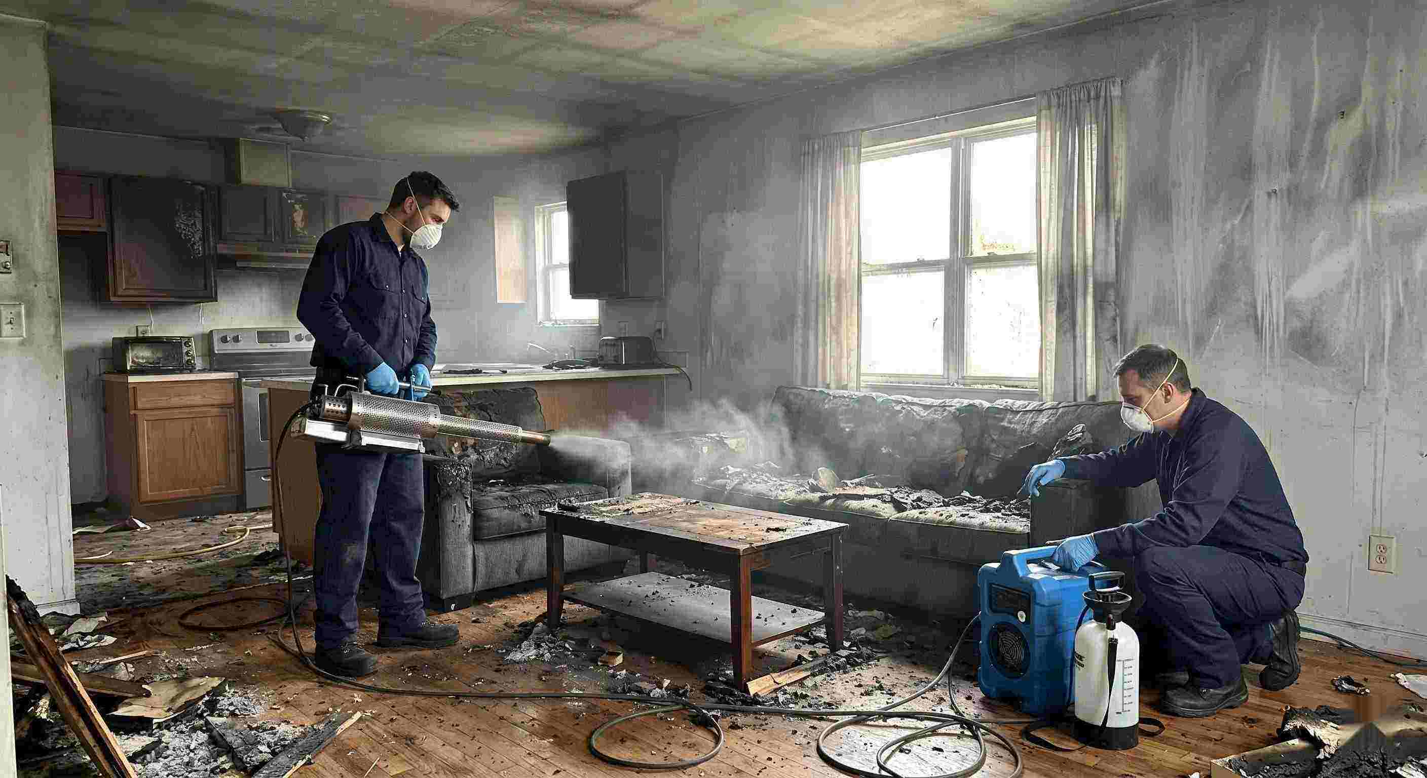 Fast fire odor removal service in a home showing technicians using thermal fogging equipment to eliminate smoke and soot odors in Pompano Beach.
