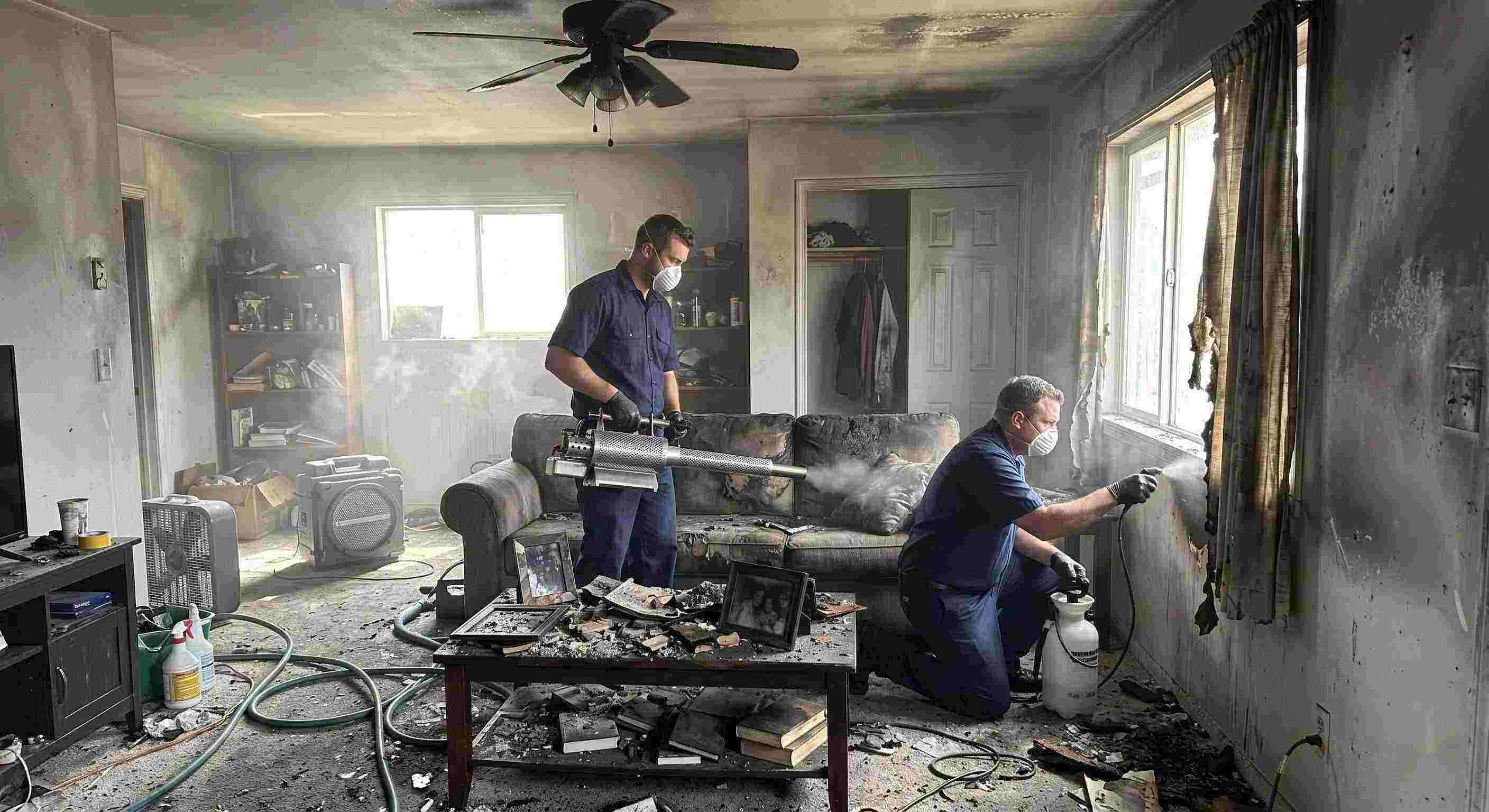 Professional fire damage restoration technicians removing smoke odors from a soot-stained home in Pompano Beach, using thermal fogging and odor neutralization.