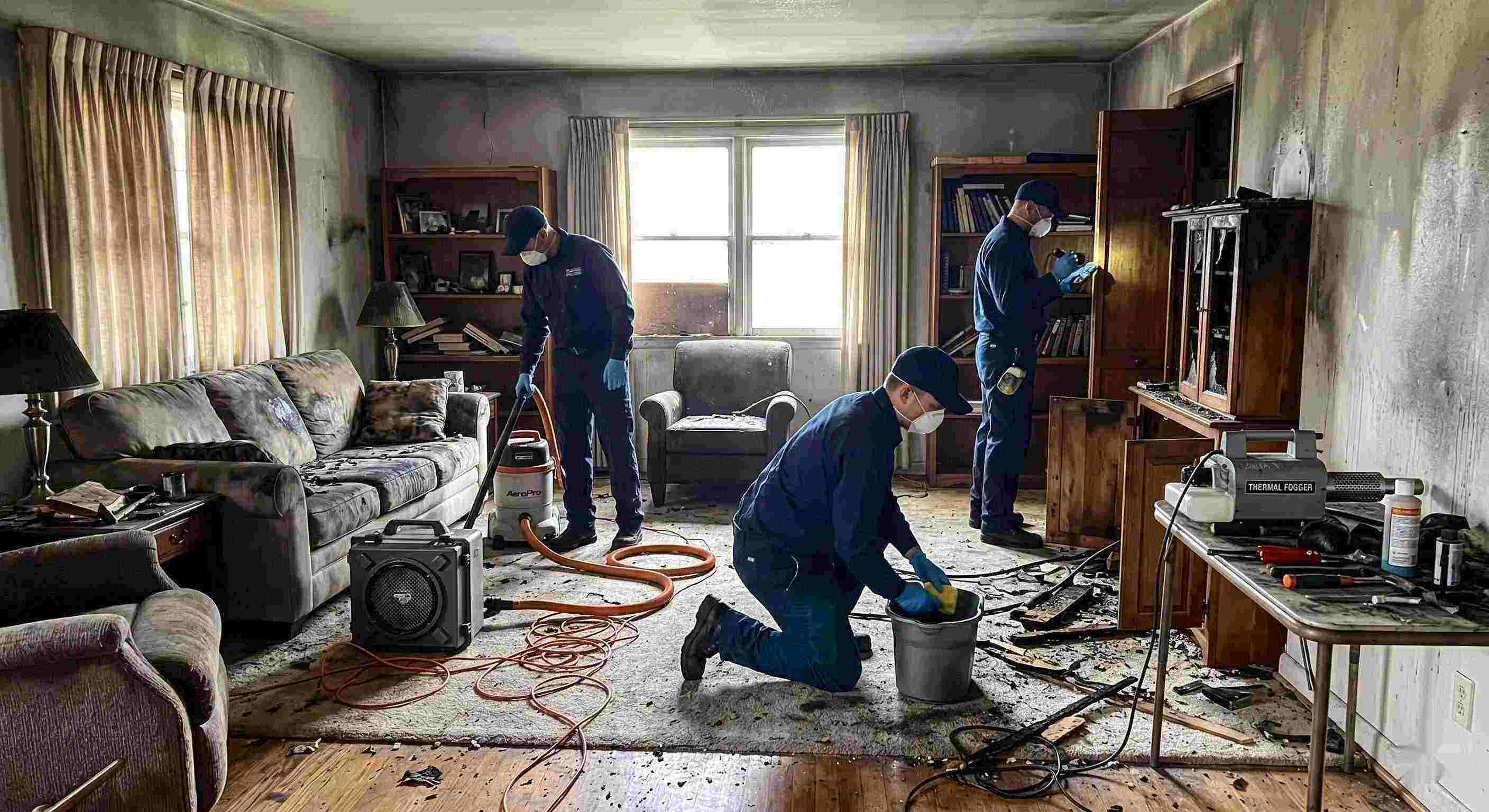 Top-rated photo of a fire restoration team using professional equipment to clean soot and smoke damage in a Pompano Beach home, emphasizing trust and hands-on expertise.