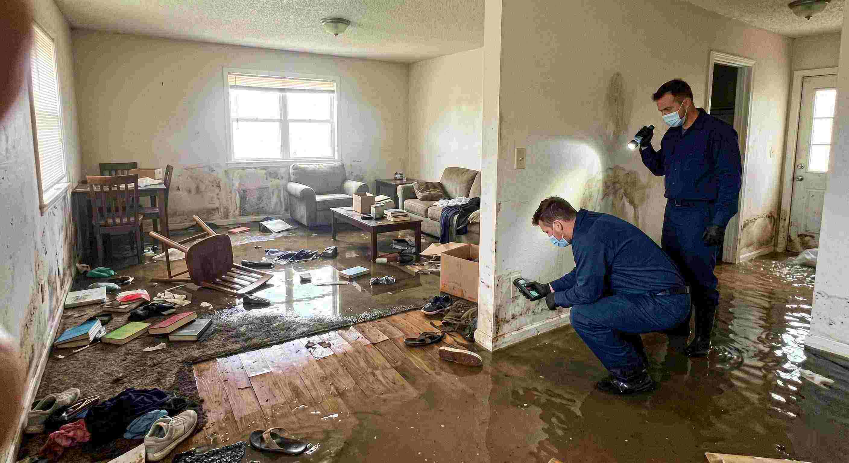Reliable severe home flooding with waterlogged floors, damaged furniture, and generic technician assessing the damage in Miramar