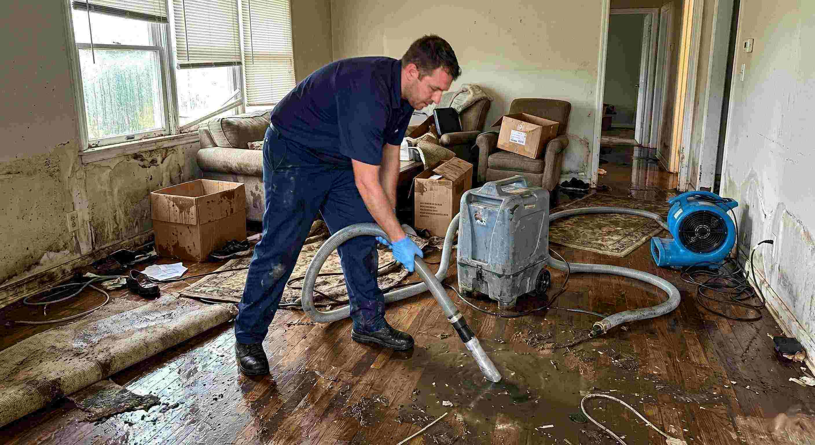 Fast action shot of a flood damage restoration technician removing standing water in a flooded home during the restoration process in Miramar.