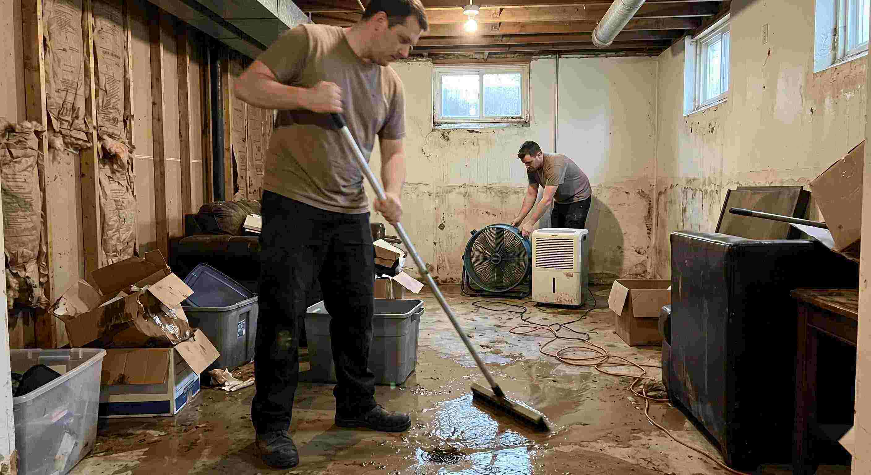 Top-rated flood and storm damage cleanup in a residential basement with standing water removal and drying equipment in Pembroke Pines