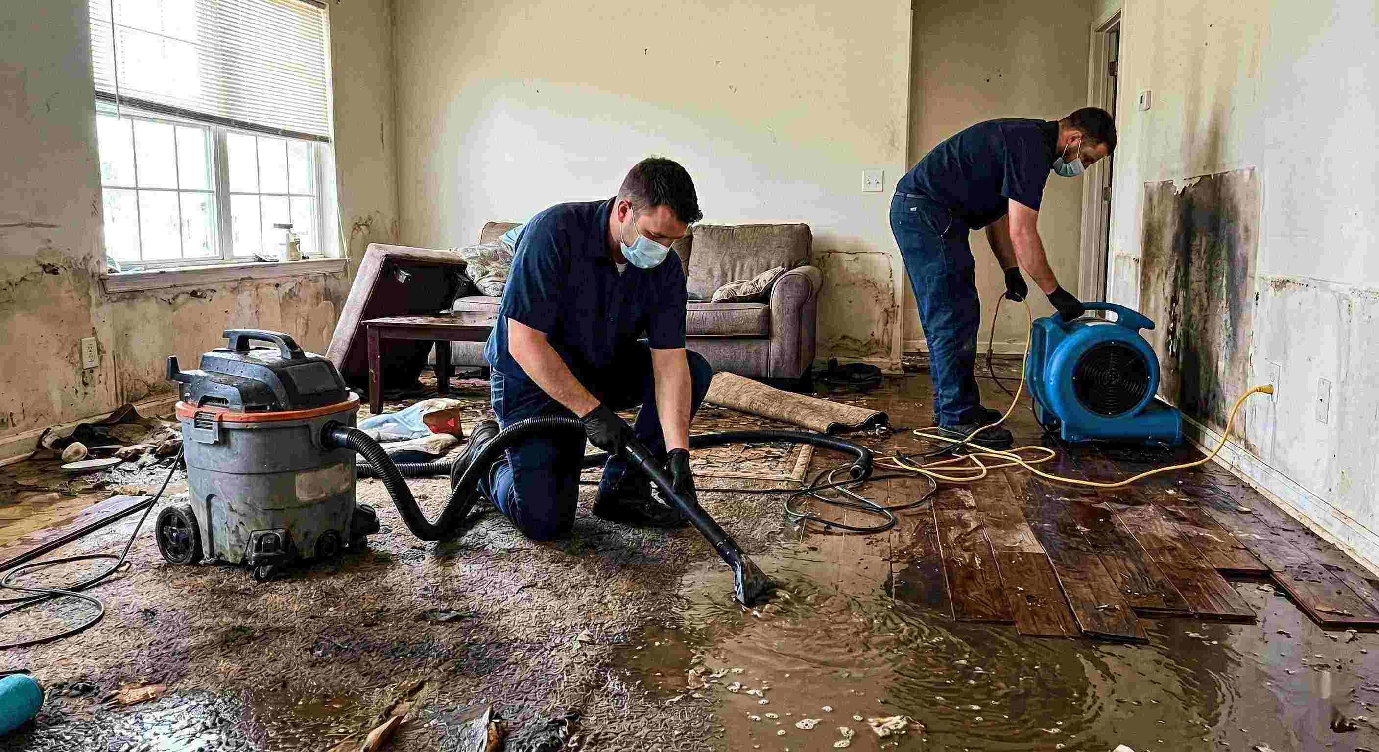 Top-rated flood water removal service in a residential home showing technicians extracting standing water and setting up drying equipment in Miramar