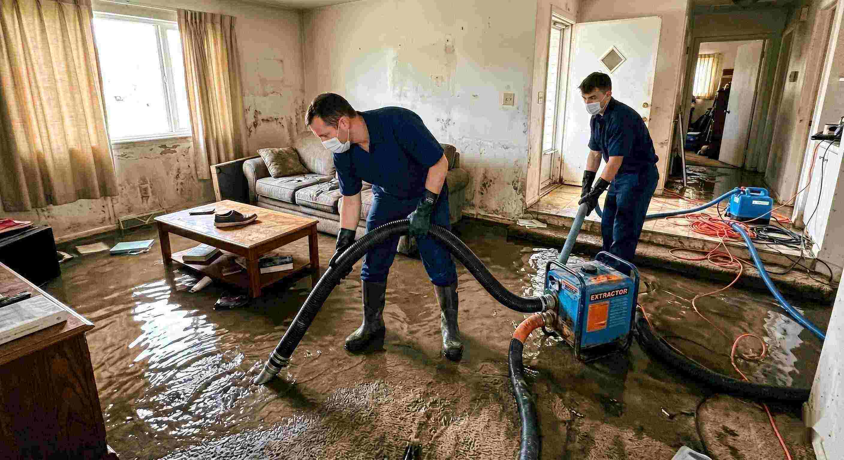 Local realistic flood water removal inside a home with technicians using pumps and hoses to extract standing water during flood damage restoration in Miramar.