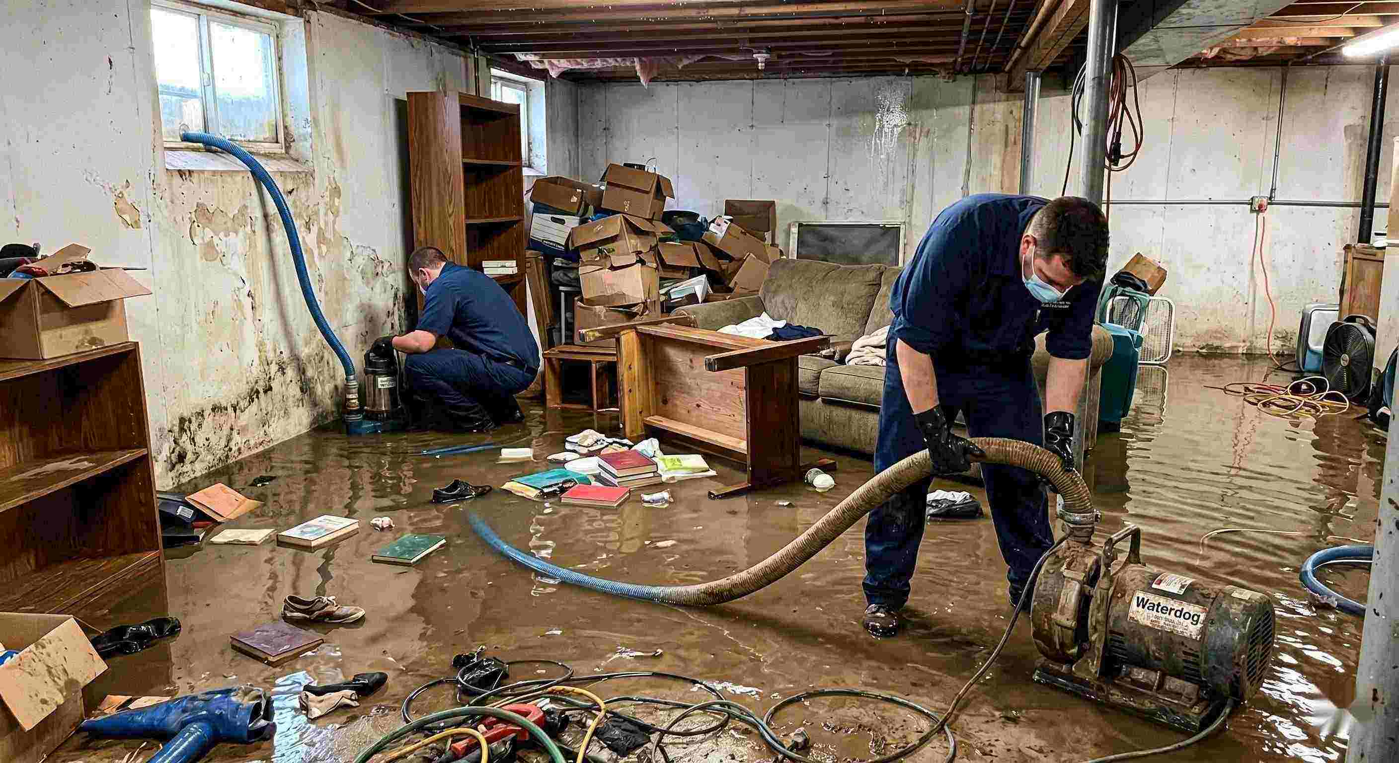 Local realistic photo of a flooded basement cleanup with restoration technicians removing standing water in a home in Miramar