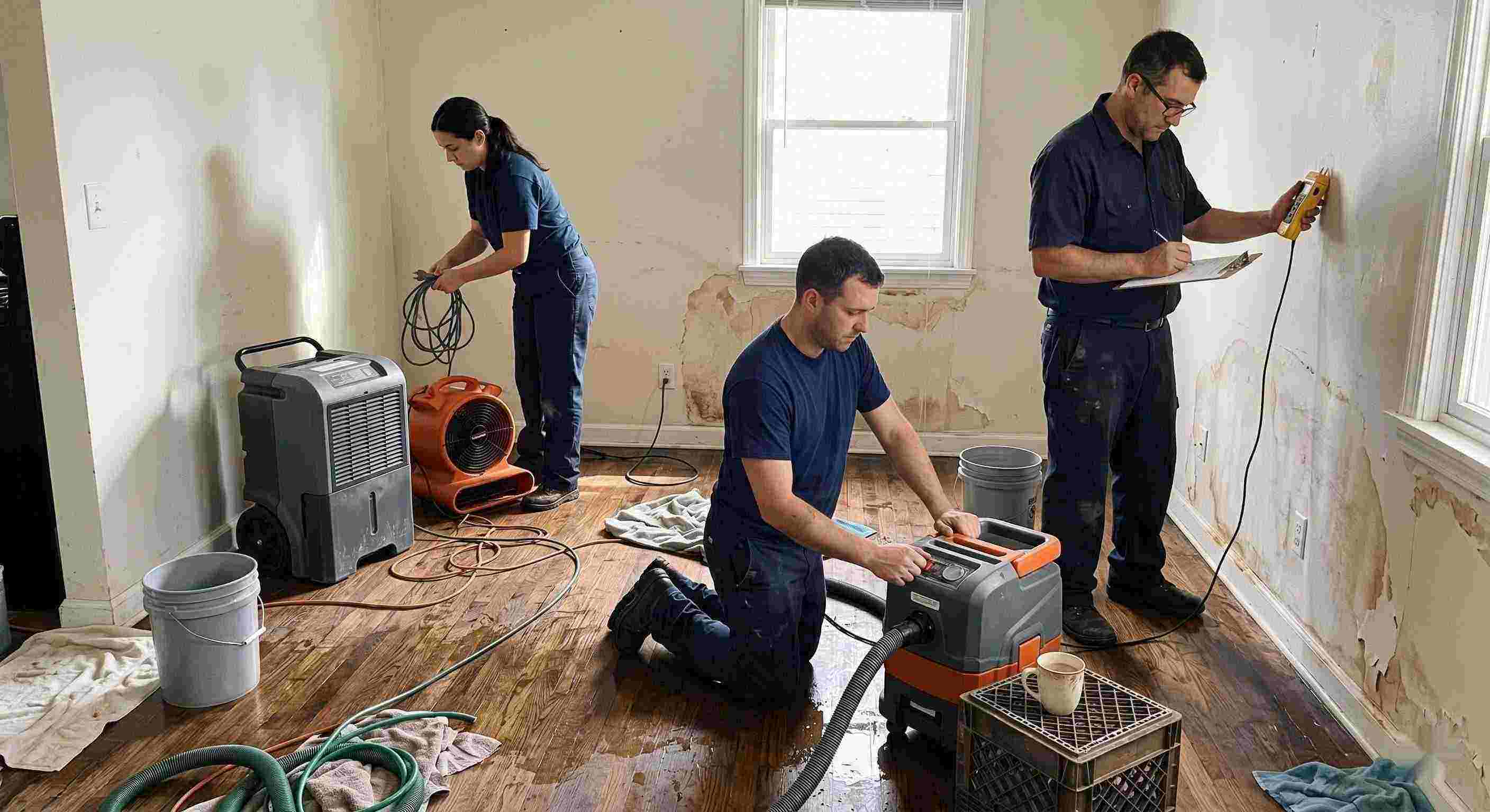 Local leak damage restoration team working with professional equipment to repair water-damaged home in Fort Lauderdale.