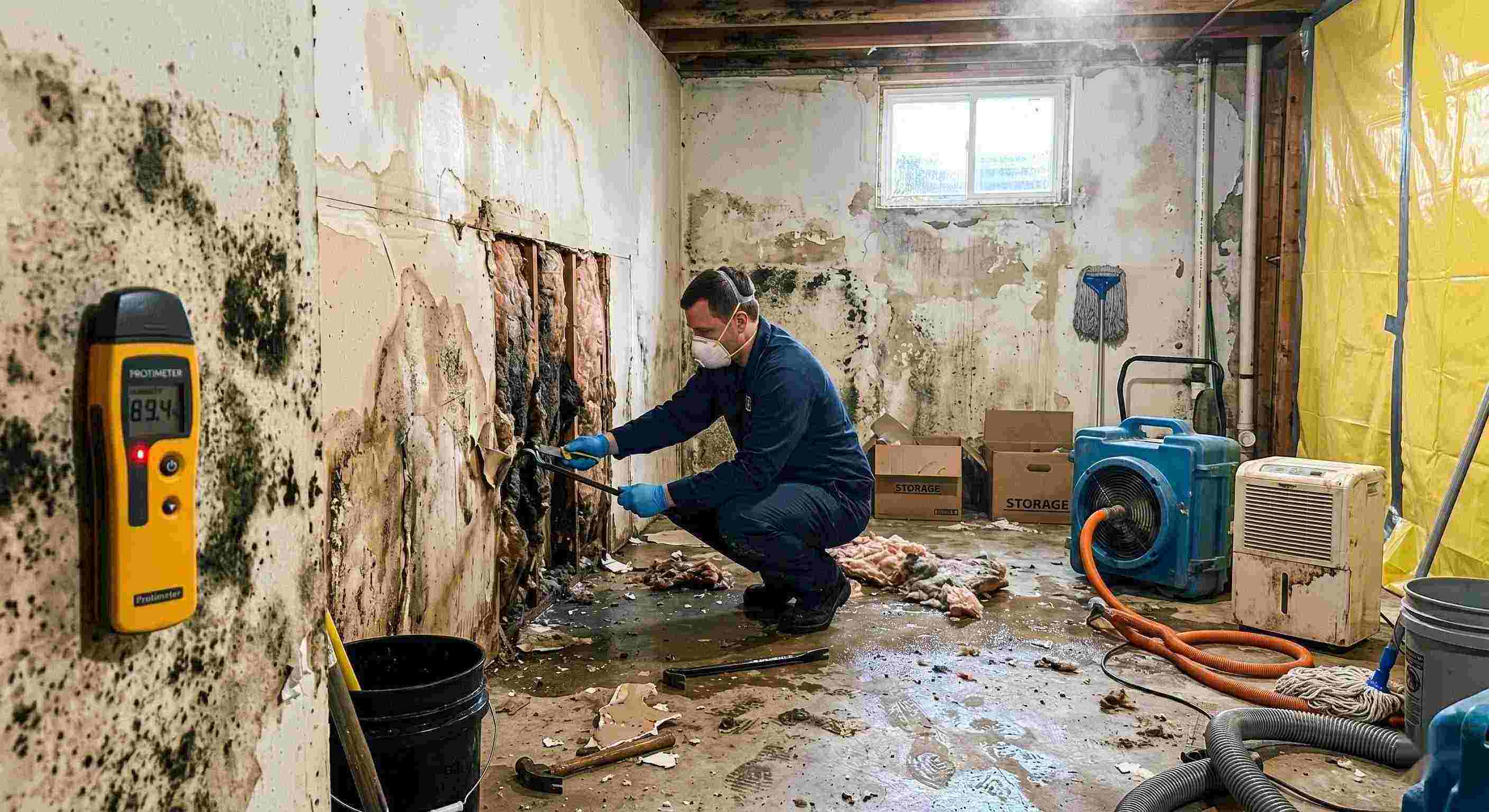 Professional mold after water damage cleanup in a residential home, showing a technician removing water-damaged drywall and treating mold in a damp basement in Boynton Beach.