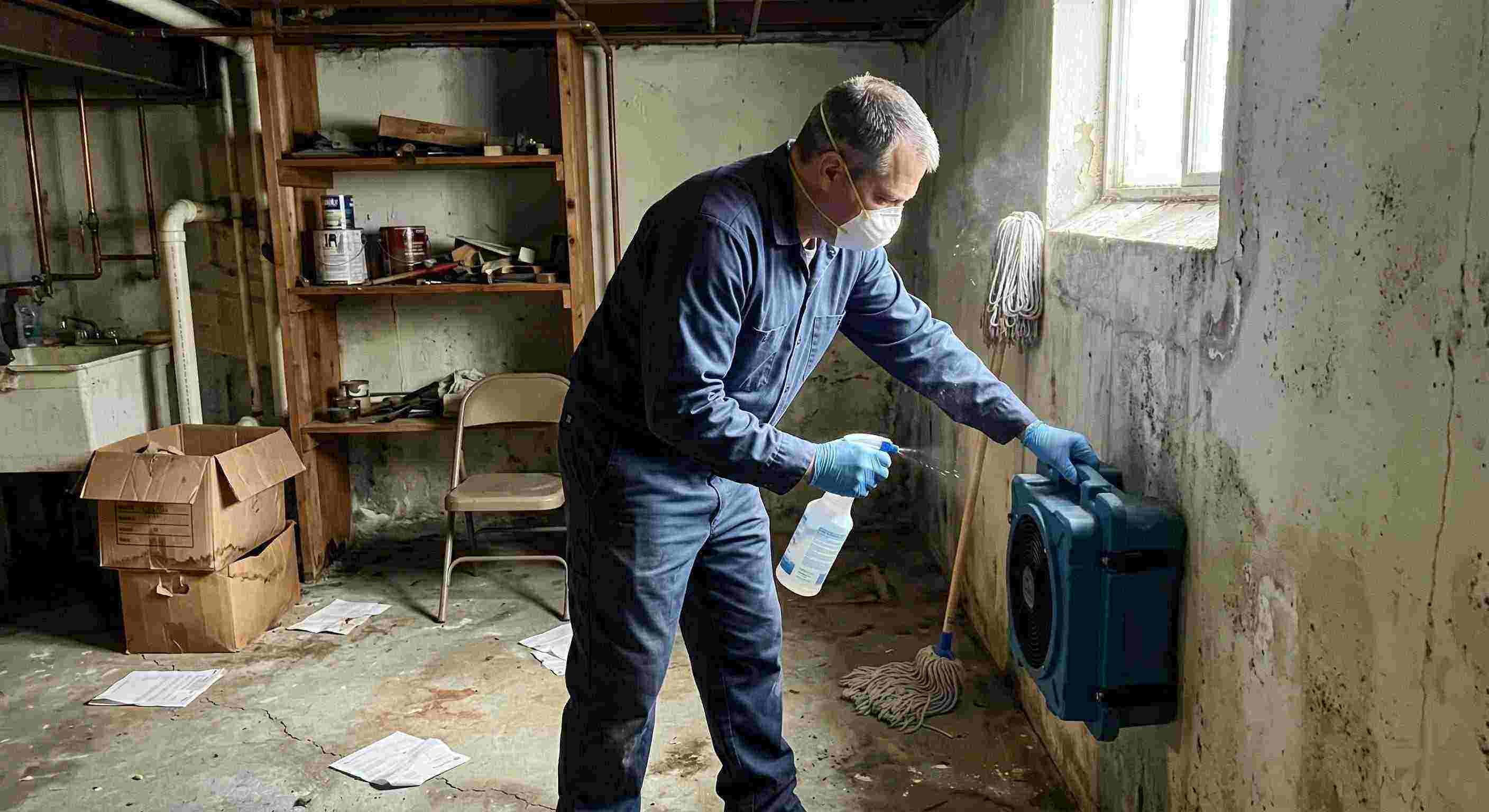 Professional technician performing mold odor removal in a basement, using HEPA air scrubber and antimicrobial spray, preventing mold growth in a Boynton Beach home.