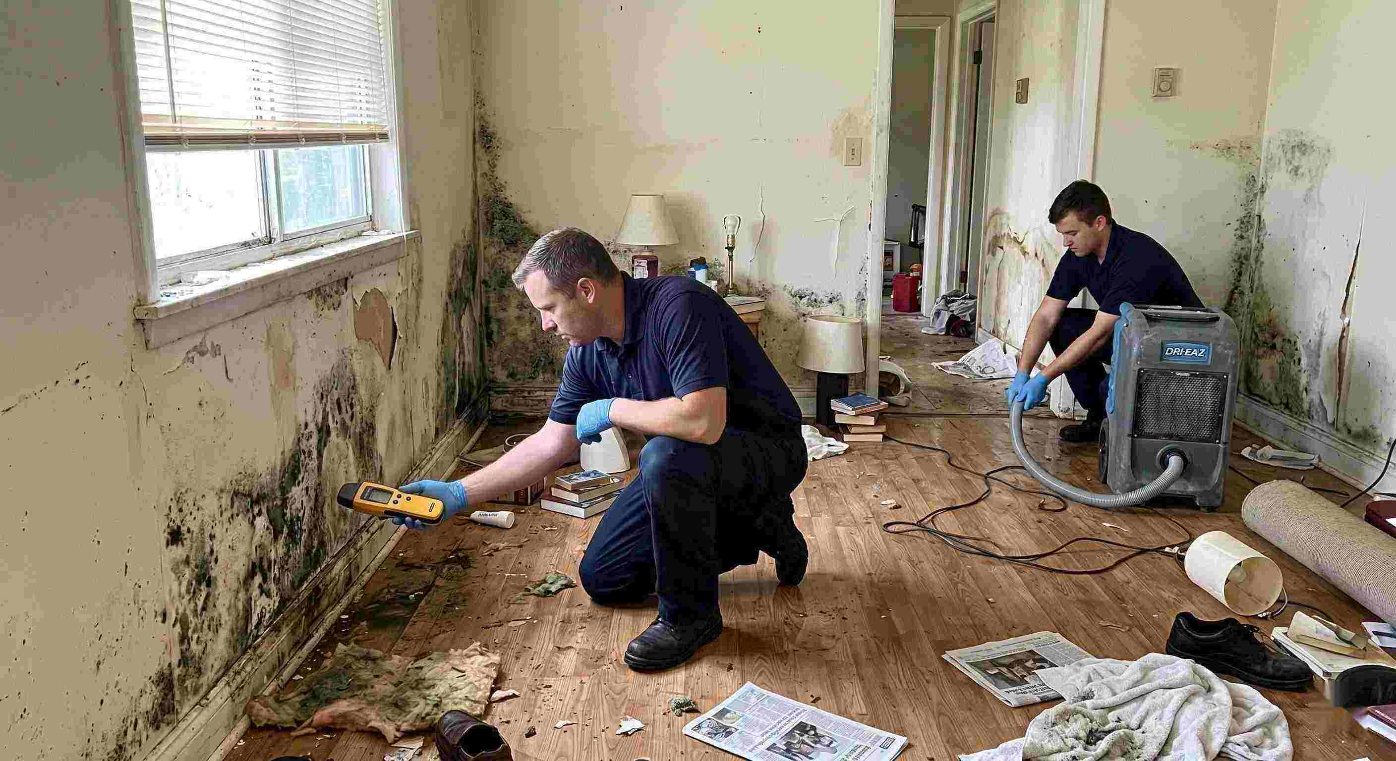 Top-rated realistic photo showing mold damage and water-affected walls in a home during mold remediation in Boynton Beach, with technicians inspecting and controlling moisture.