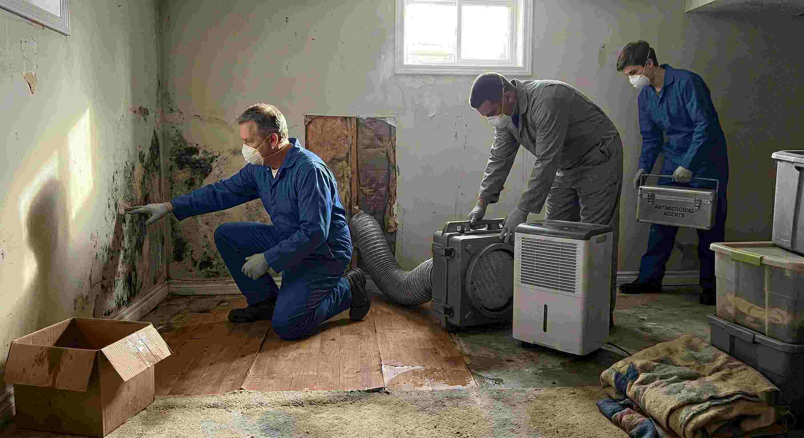 Professional residential mold remediation team performing inspection and cleanup with dehumidifiers and HEPA filters, showing professional team and equipment in a Boynton Beach home.