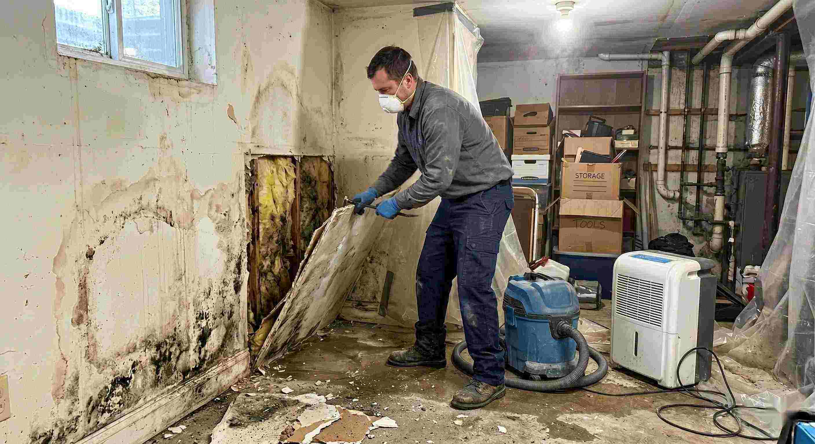 Best action shot of a mold remediation technician removing damaged drywall and treating mold in a home basement in Boynton Beach, showing realistic textures, dust, and water damage.
