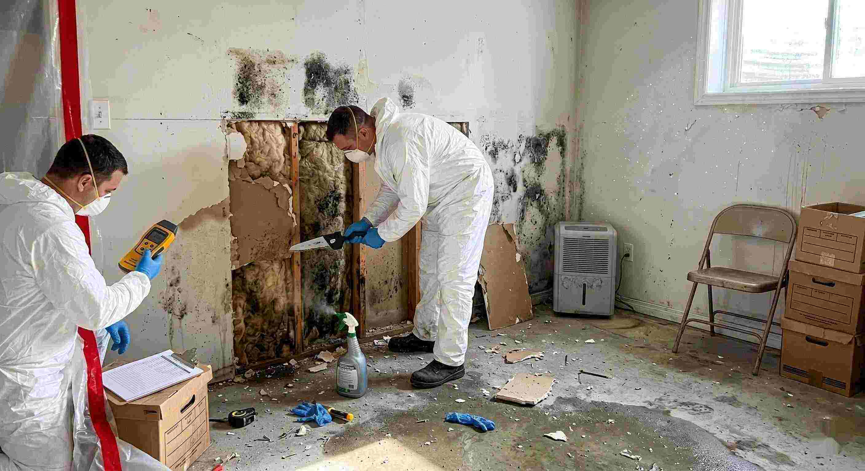 Professional mold removal service in a residential home, showing technicians removing black mold and moisture-damaged drywall in Boynton Beach.