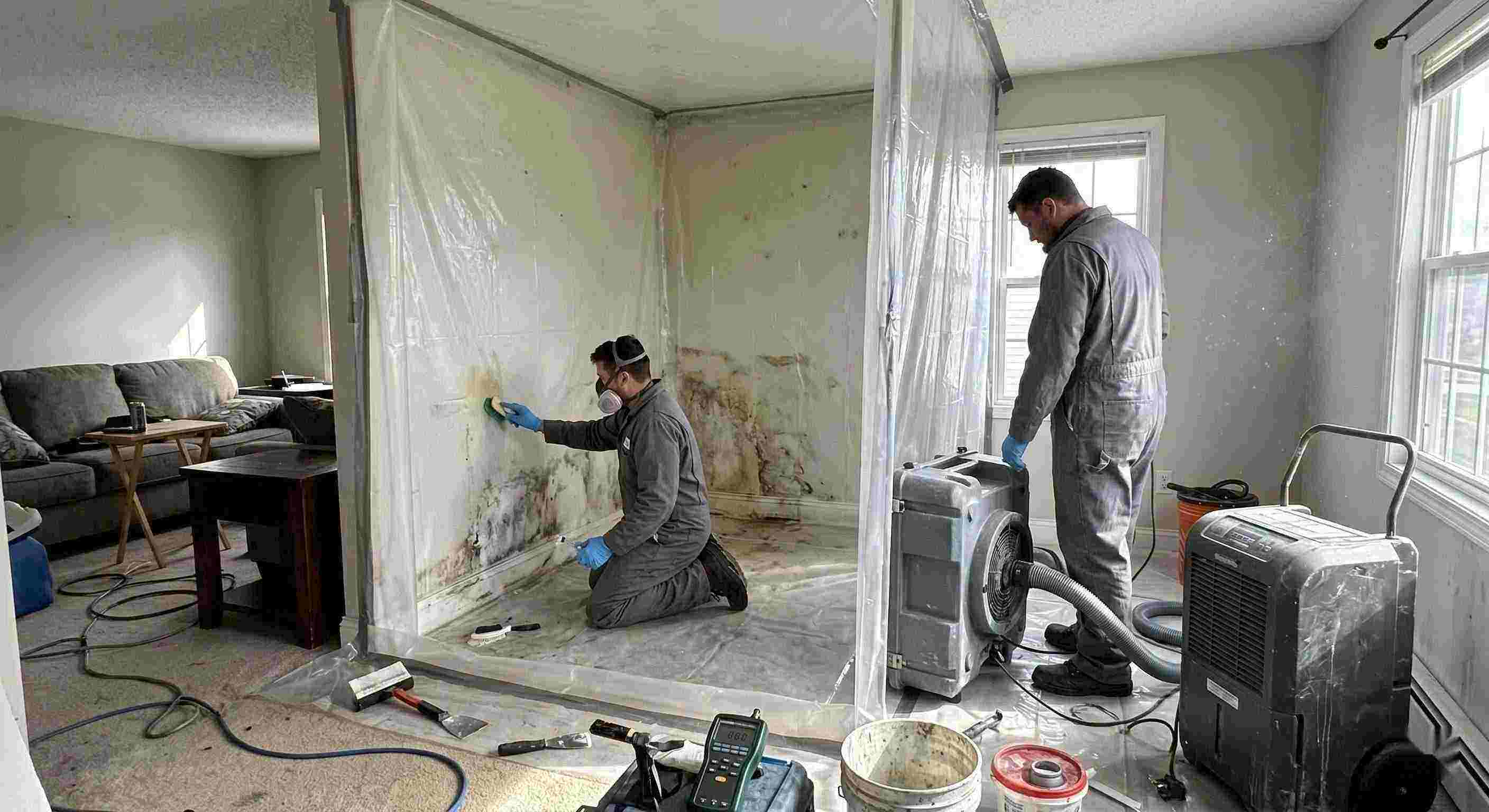Fast technicians performing indoor mold removal in a residential home in Boynton Beach, isolating damp areas and using HEPA air scrubbers and dehumidifiers.