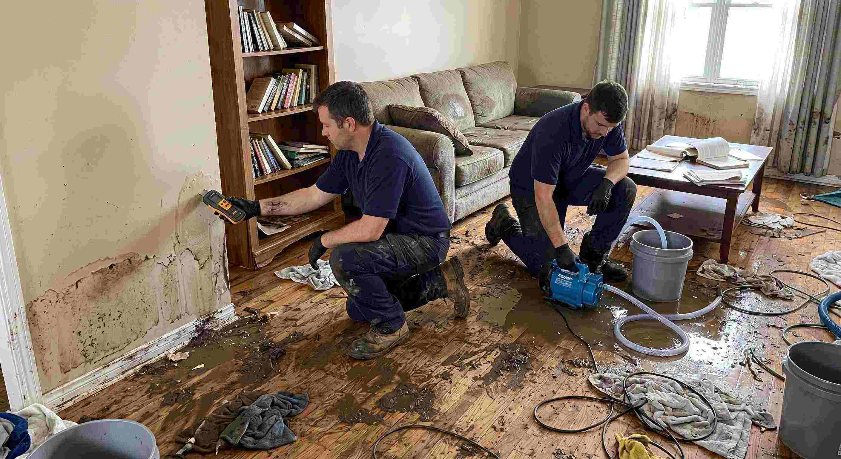 Expert realistic photo of a technician performing mud and debris removal after flooding in a home in Miramar, showing soaked floors, water-damaged furniture, and scattered cleaning equipment.