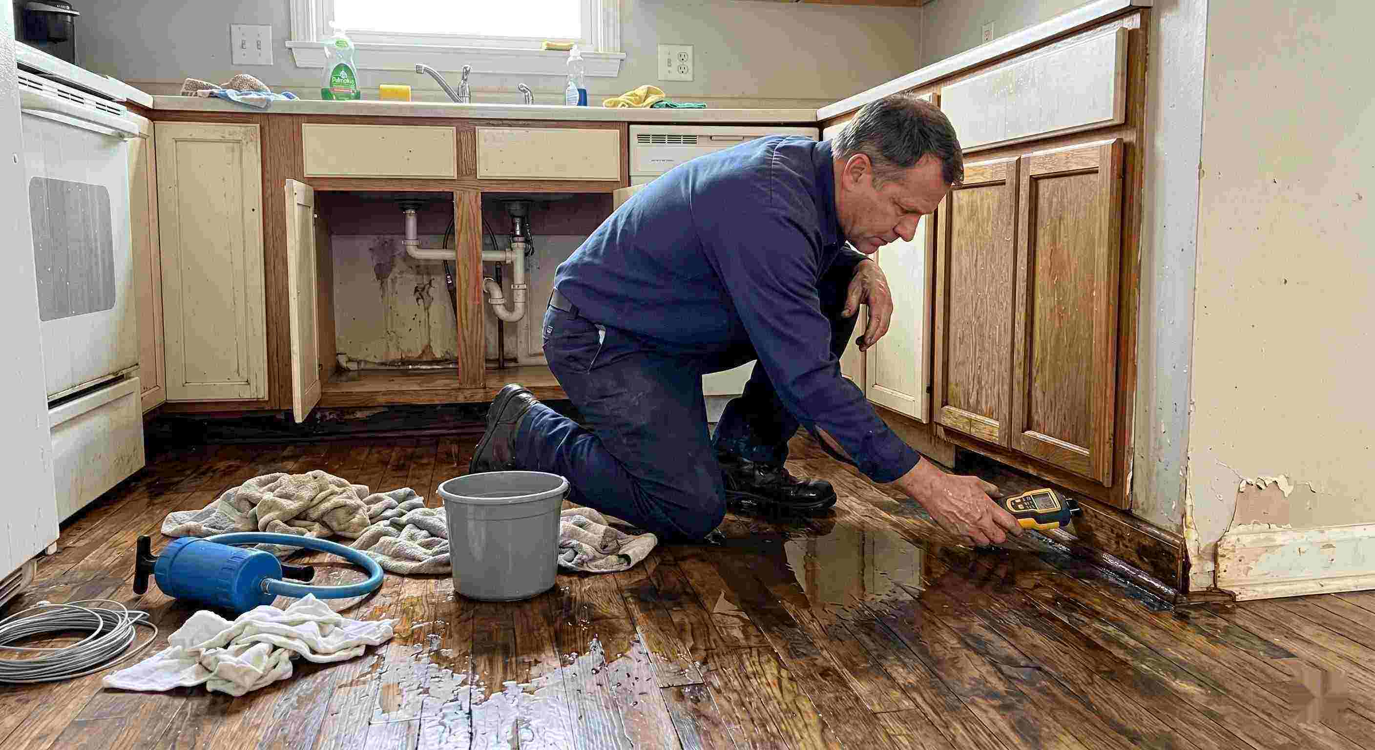Technician performing pipe leak cleanup in a residential home in Fort Lauderdale, inspecting water-damaged flooring and cabinets.