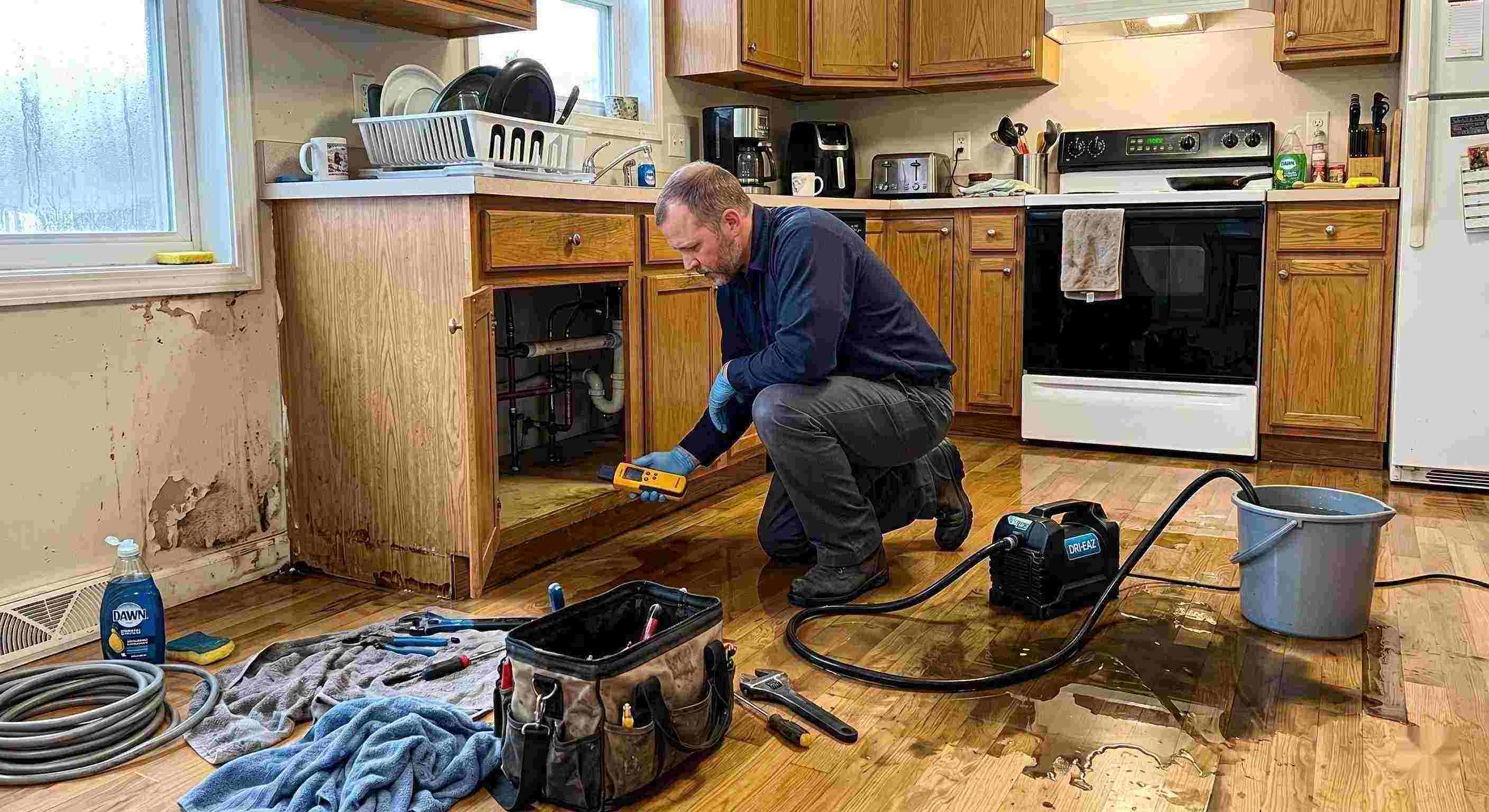 Pipe leak cleanup service in a residential kitchen showing water damage and a technician actively restoring the area in Fort Lauderdale.