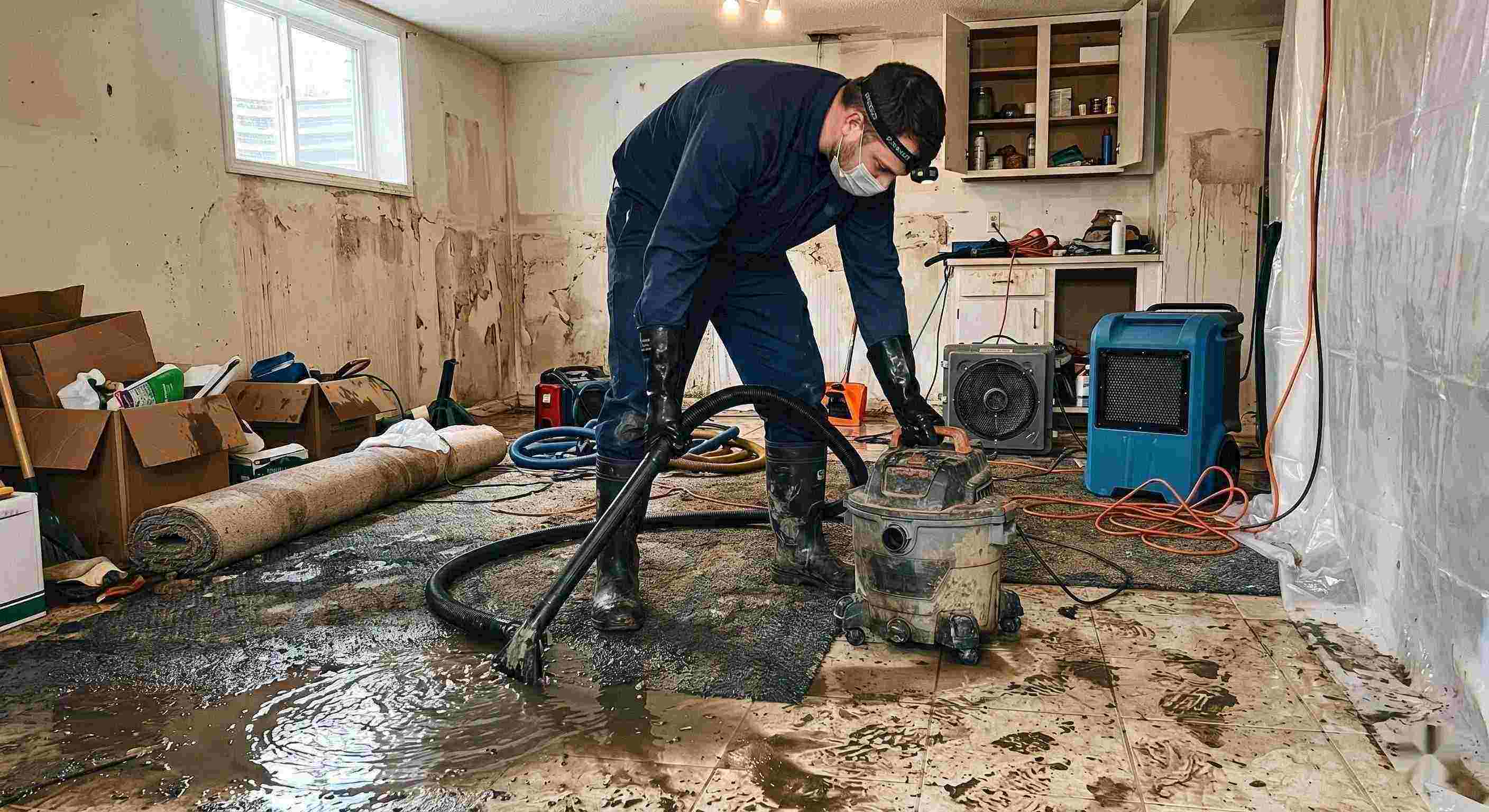 Top-rated action shot of a technician performing sewage backup cleanup in a residential home, showing water extraction and sanitation processes in Boca Raton.