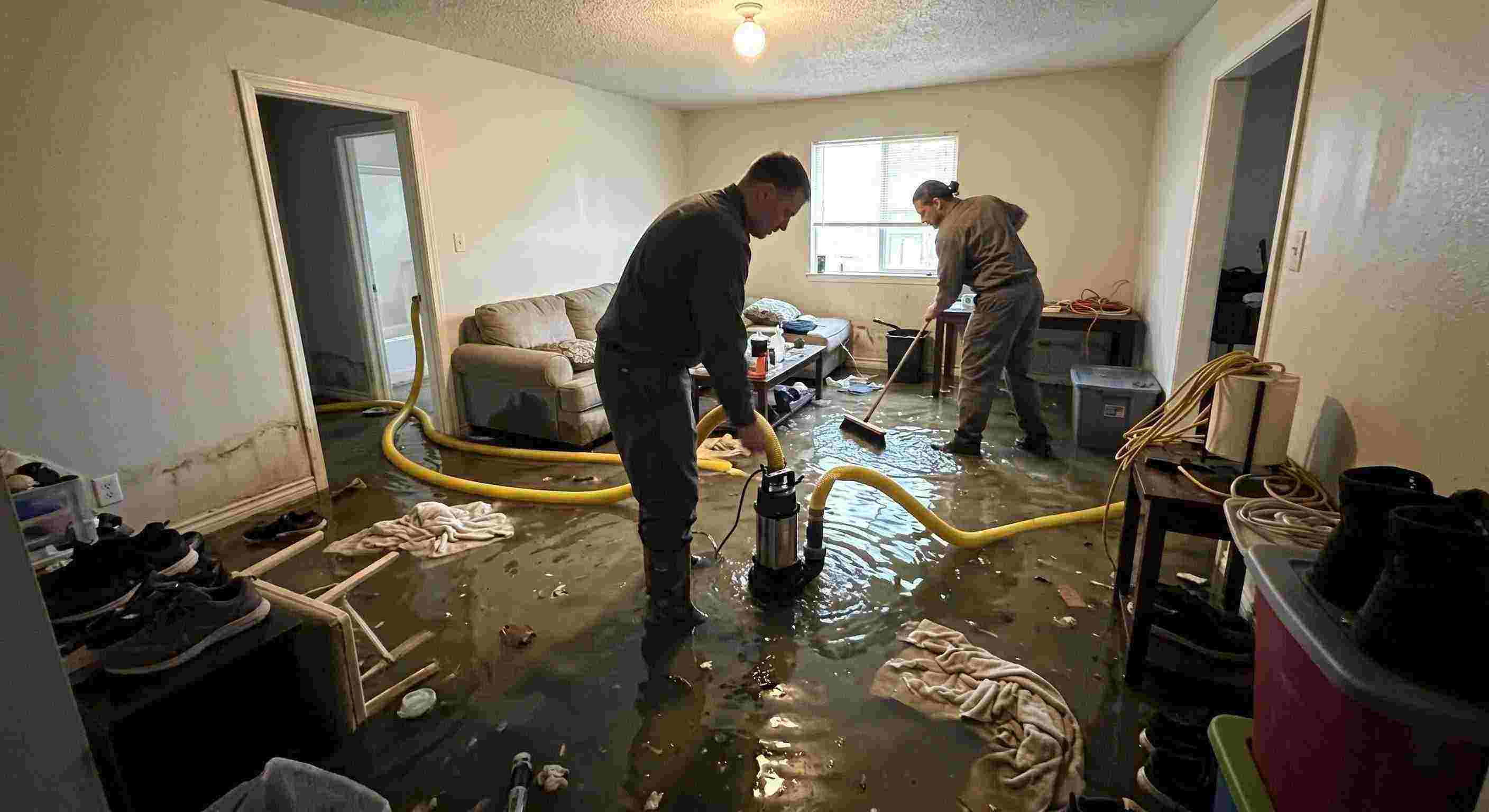 Expert high volume residential pump-out services removing flood water with submersible pumps in Boca Raton