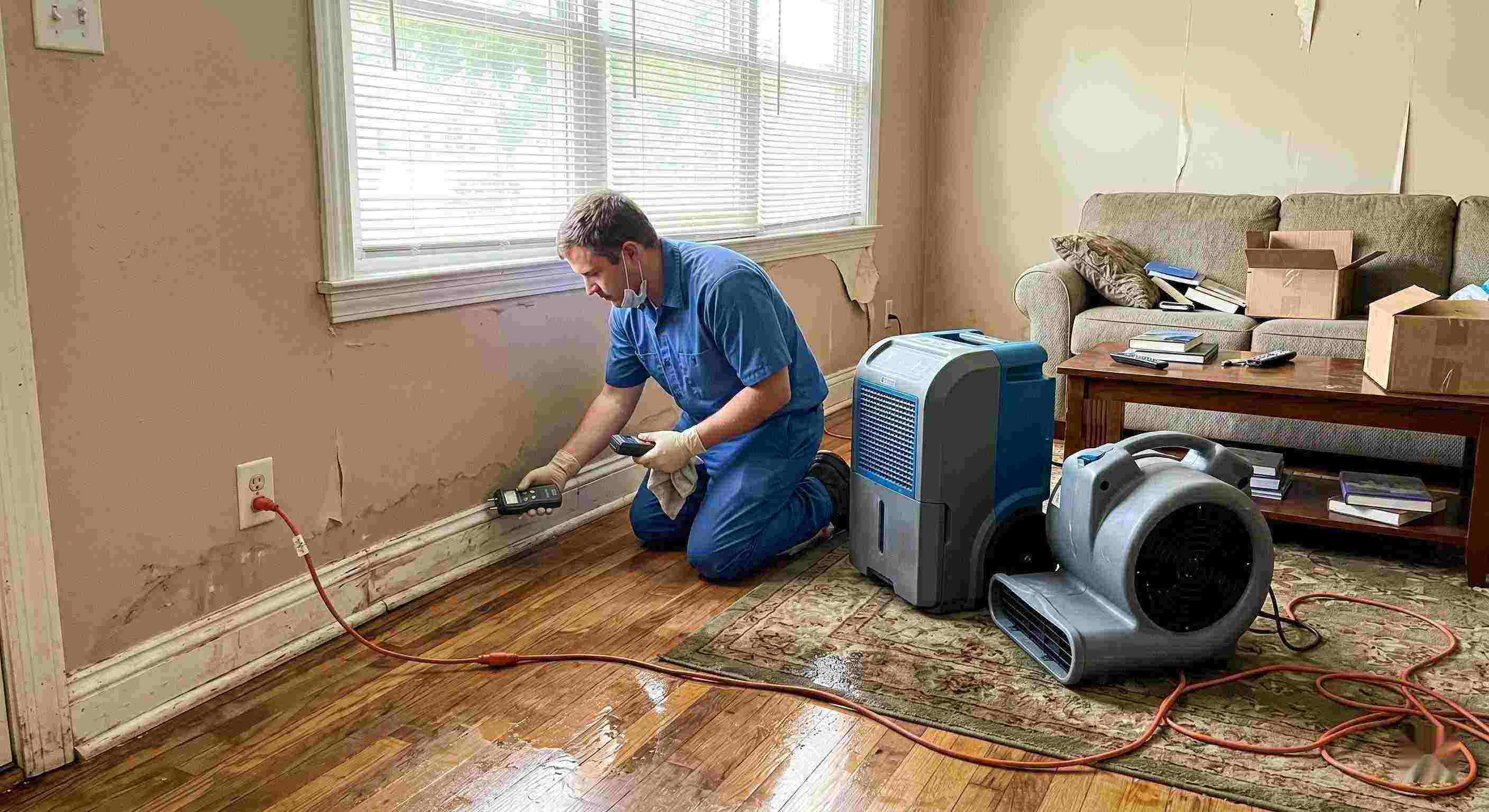 Best technician performing rainwater intrusion cleanup in a flooded home in Miramar, showing wet floors, damp walls, and dehumidifiers in use.