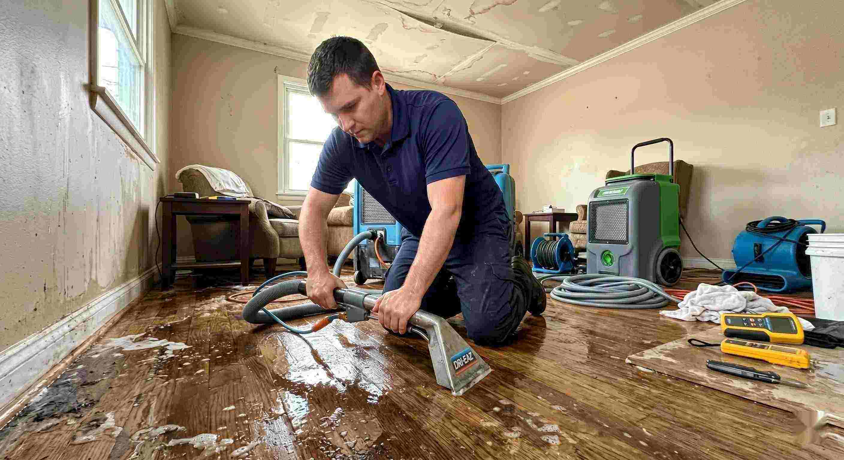 Action shot of a leak damage restoration technician performing water extraction and drying in a home in Fort Lauderdale, showing realistic water damage and cleanup process.