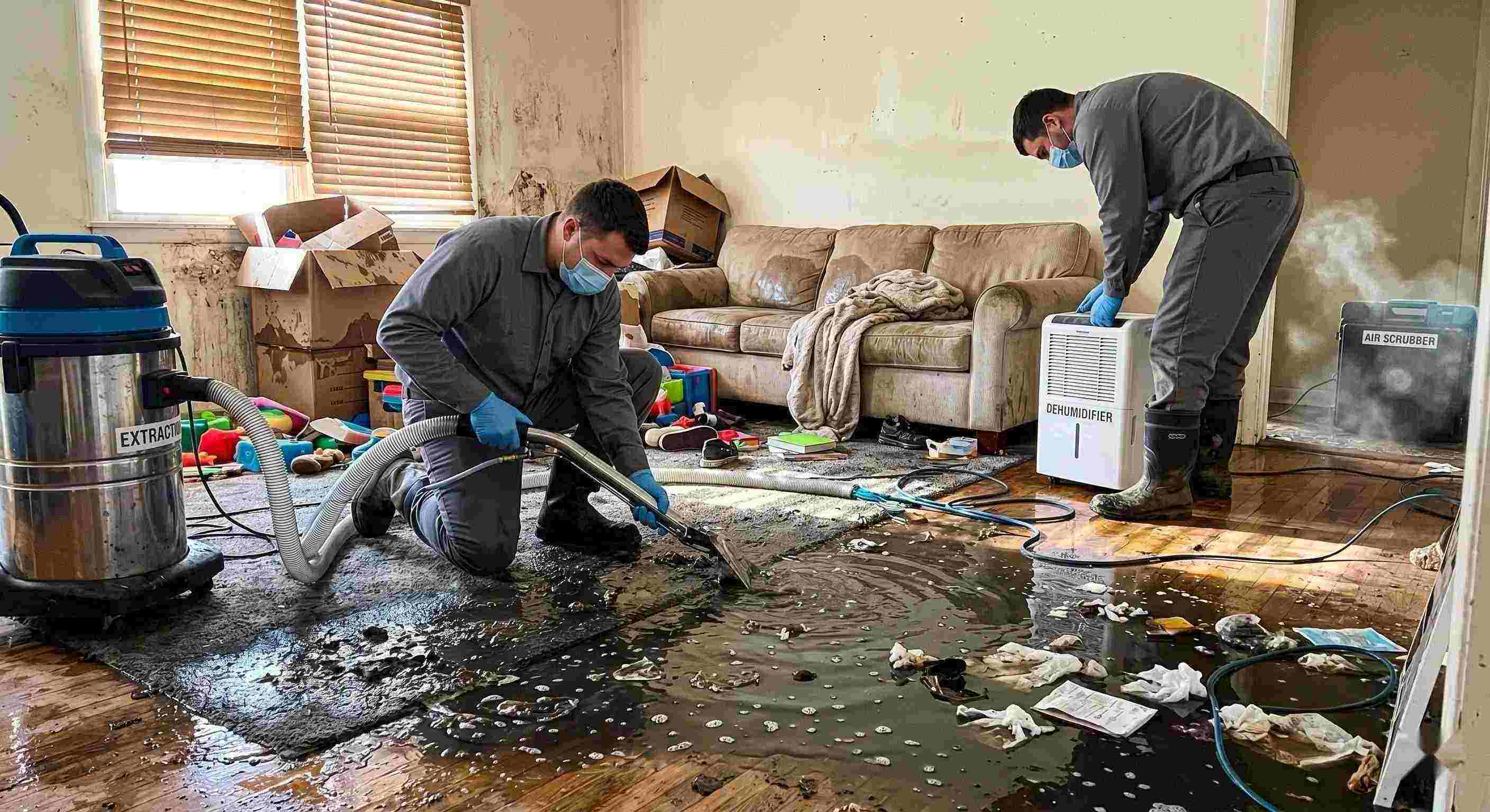 Fast realistic image of a residential sewage backup cleanup in progress, with technicians removing contaminated water and using drying equipment in a home in Boca Raton.