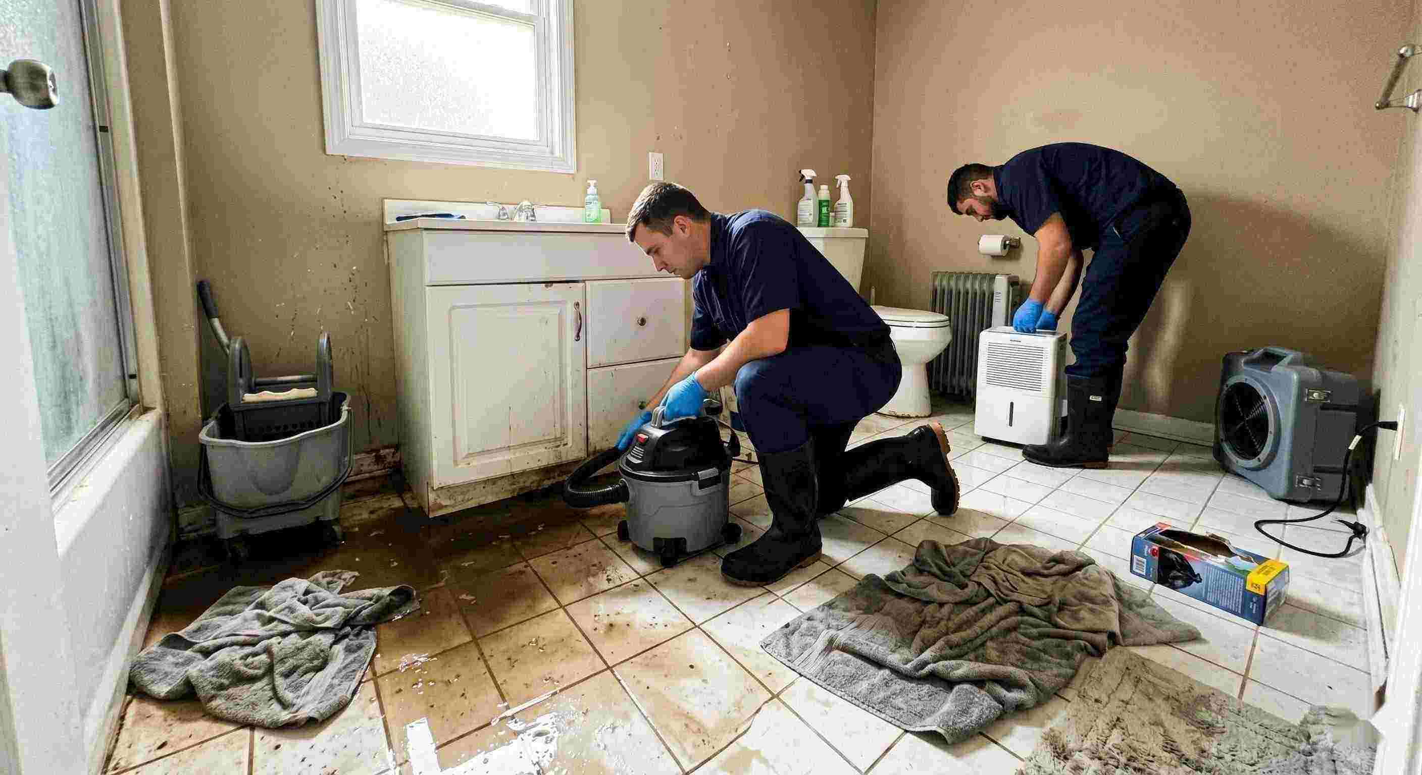 Professional realistic sewage backup cleanup in a home bathroom, technician extracting contaminated water during emergency sewage cleanup in Boca Raton