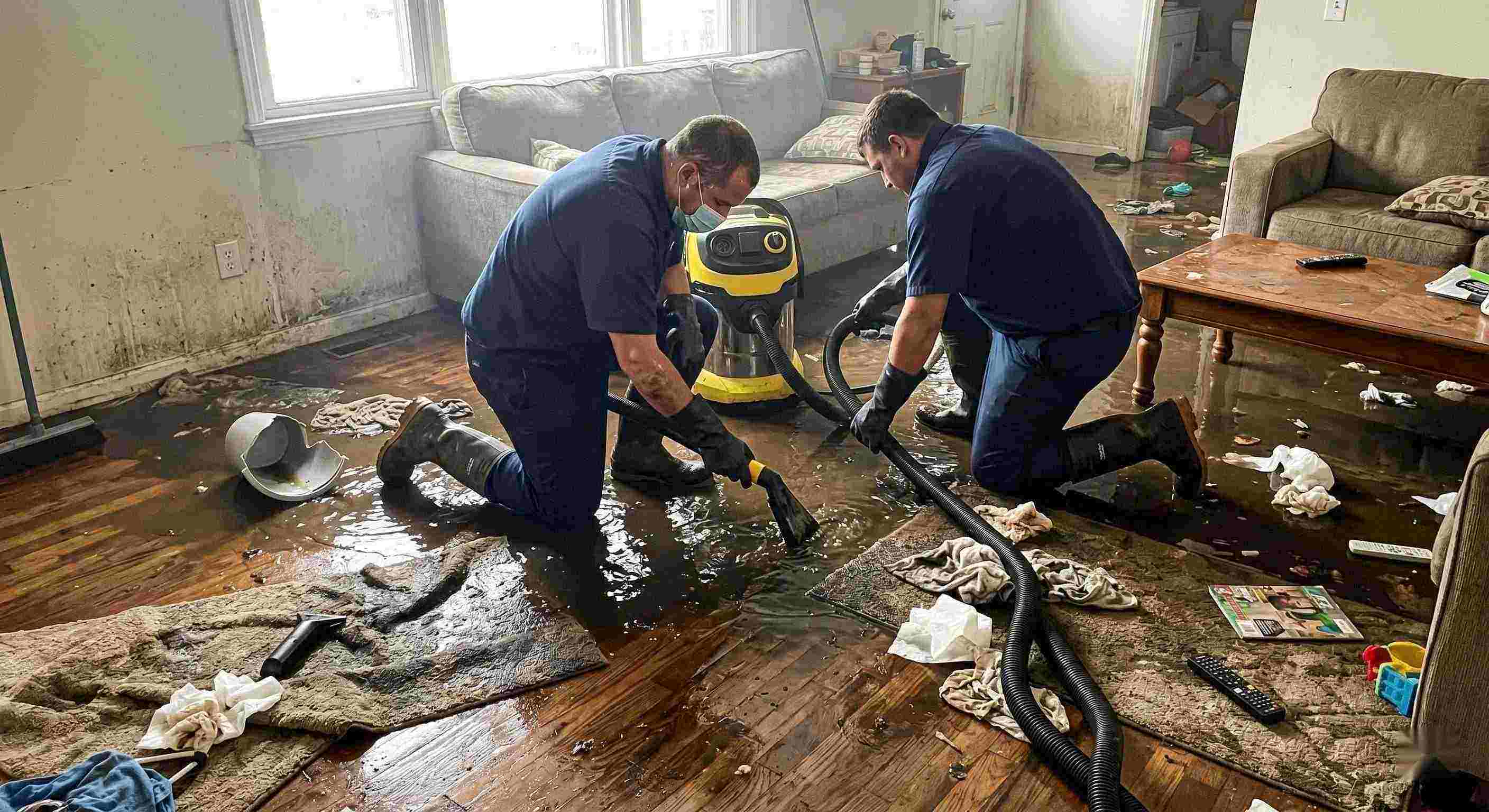 Expert realistic scene of sewage backup cleanup in a home showing technicians removing contaminated water in Boca Raton.