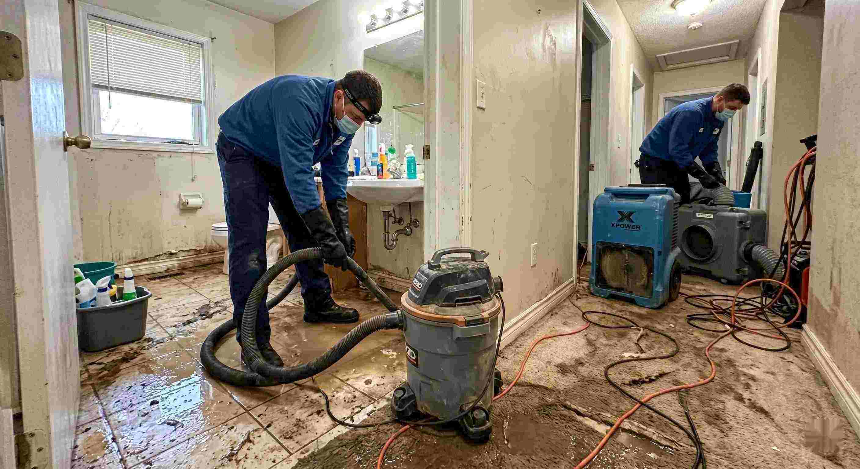 Reliable sewage backup cleanup in a home with technicians removing contaminated water and drying surfaces in Boca Raton