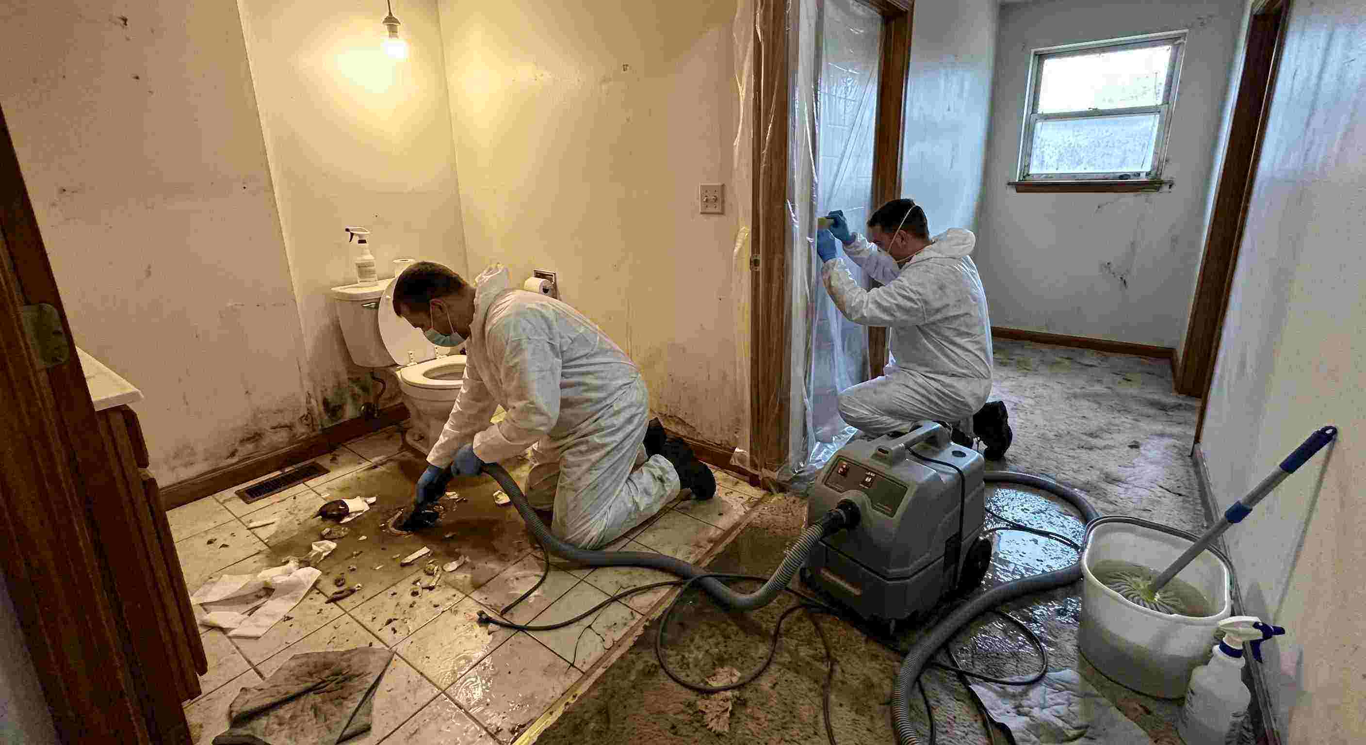 Fast sewage backup cleanup technicians removing contaminated water inside home in Pembroke Pines