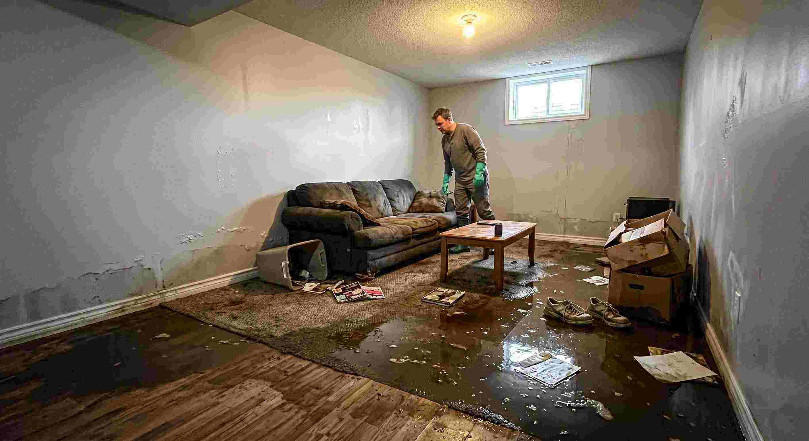 Professional severe sewage backup damage spreading across basement floors and walls in Boca Raton home