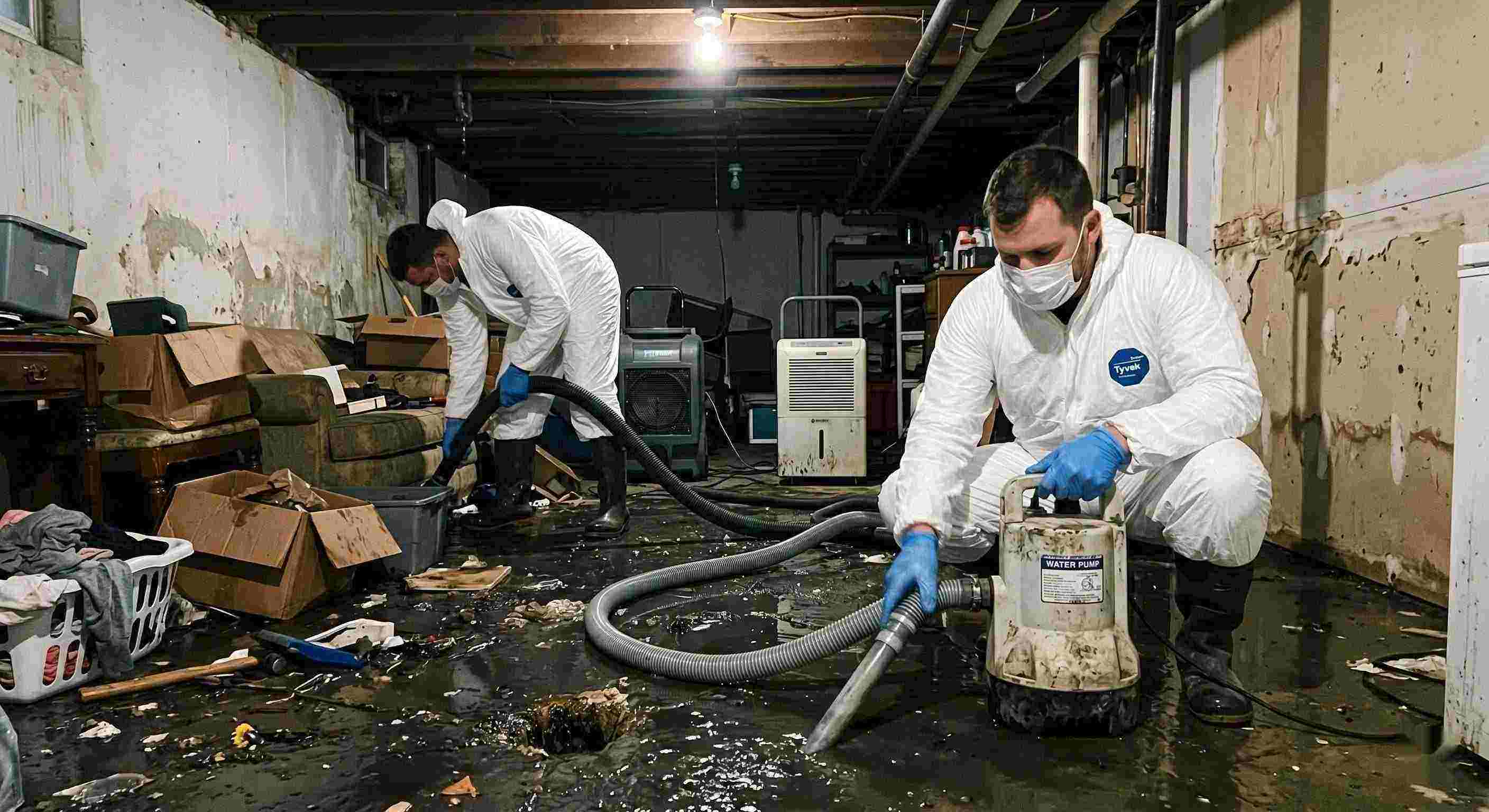 Fast sewer backup cleanup technicians removing contaminated water from flooded basement in Boca Raton