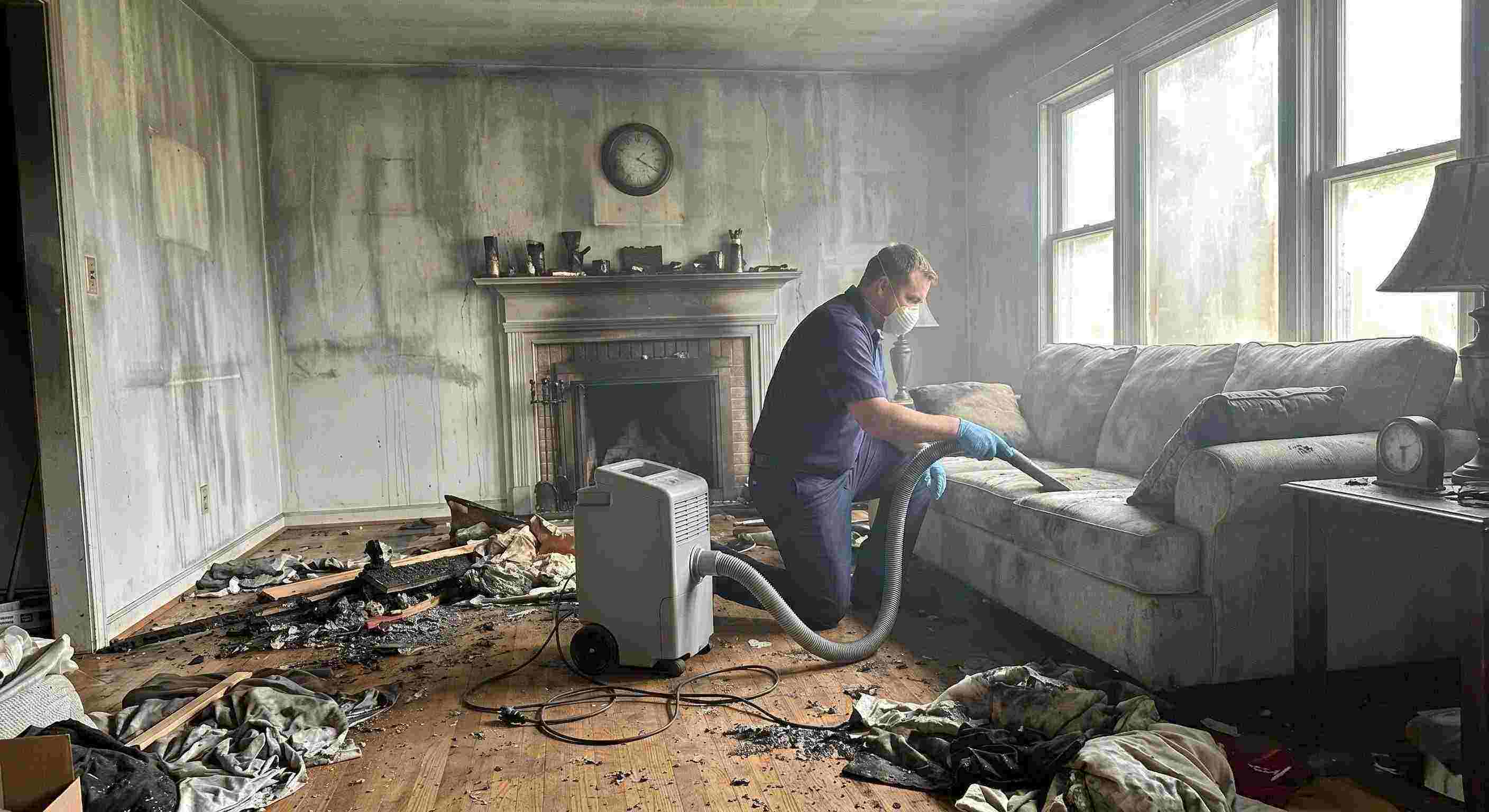 Professional realistic post-fire smoke damage removal in a home with soot-covered walls and debris being cleaned by a technician in Pompano Beach.