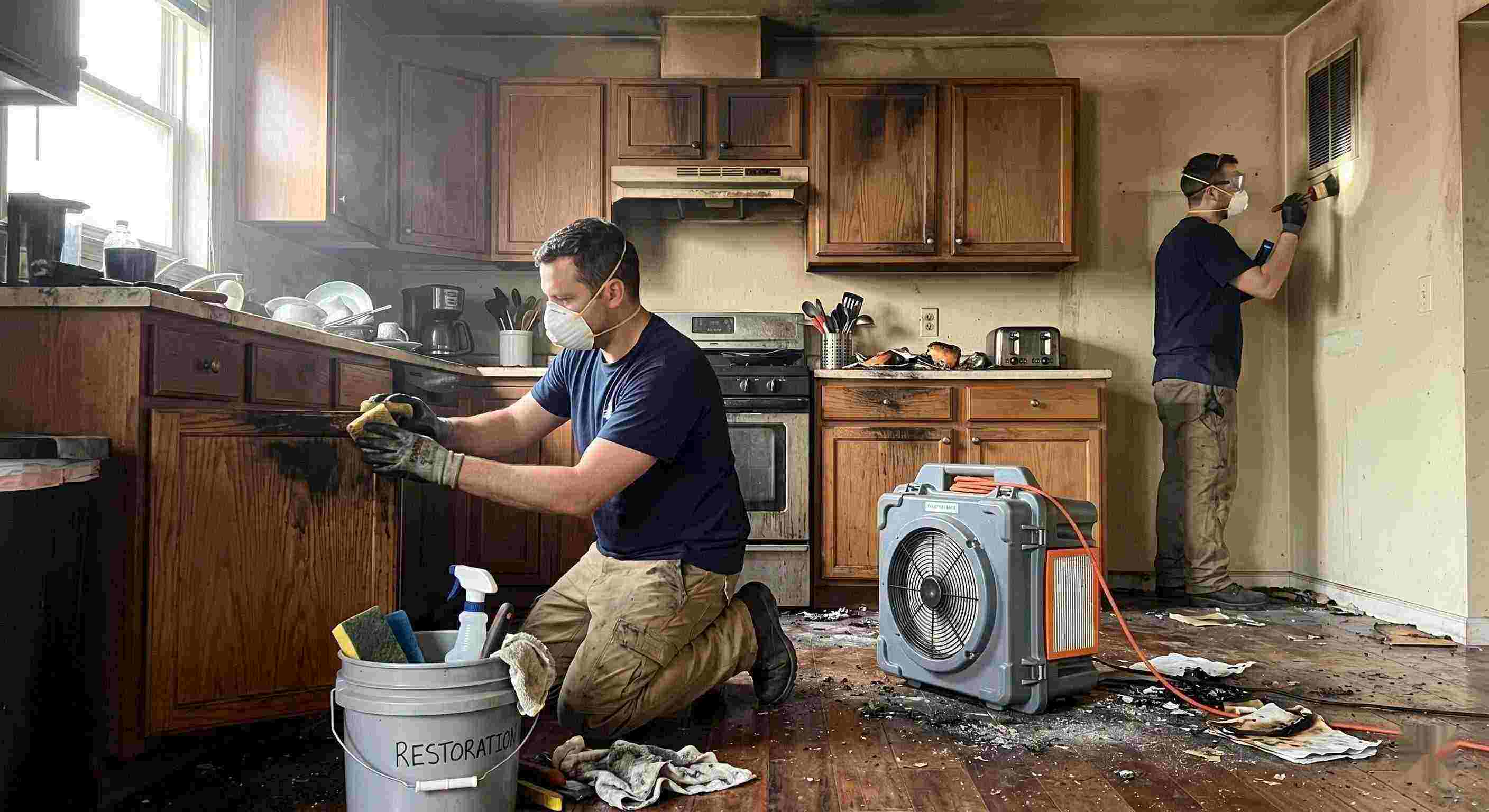 Fast technicians performing smoke damage removal in a home in Pompano Beach after a kitchen fire, cleaning soot and restoring indoor air quality.