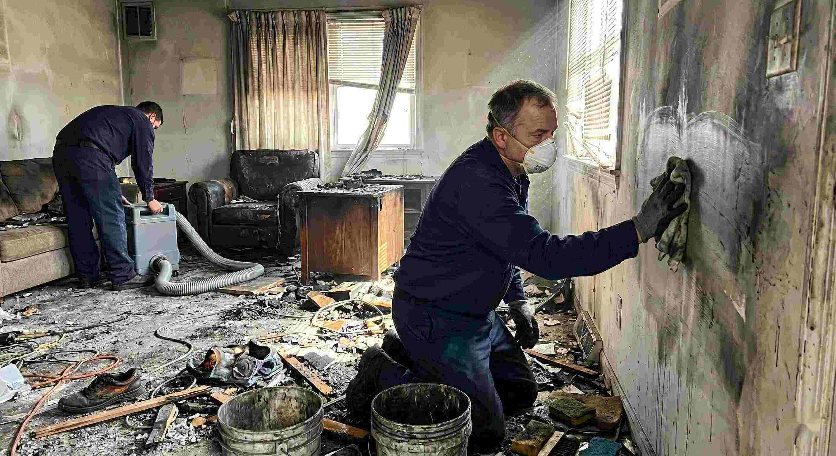 Fast technician performing soot removal in a fire-damaged home in Pompano Beach, carefully cleaning walls and surfaces covered in smoke residue and ash